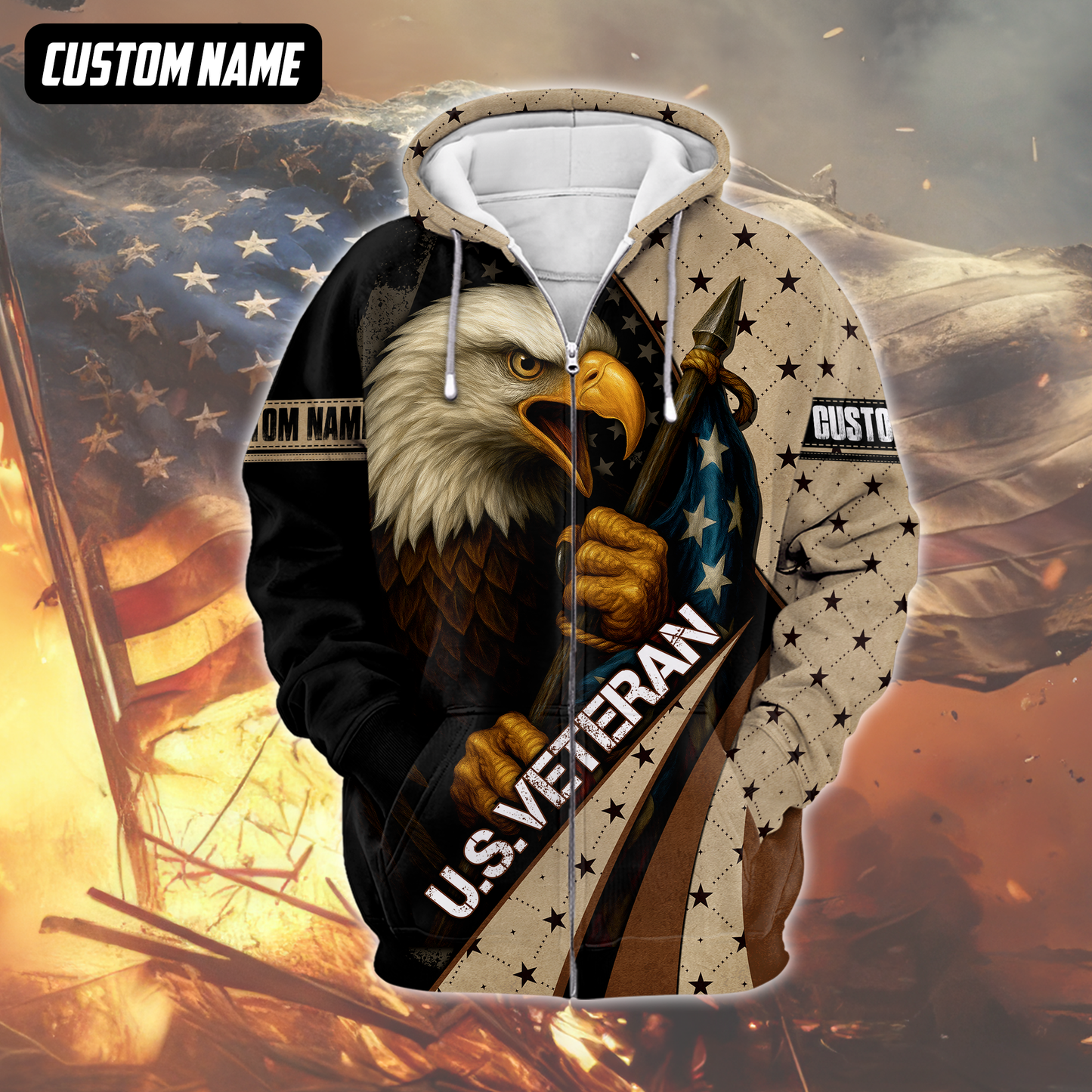 Personalized U.S. Veteran Hoodie – Bald Eagle and American Flag, Patriotic Zip Up Gift, easychoo.com
