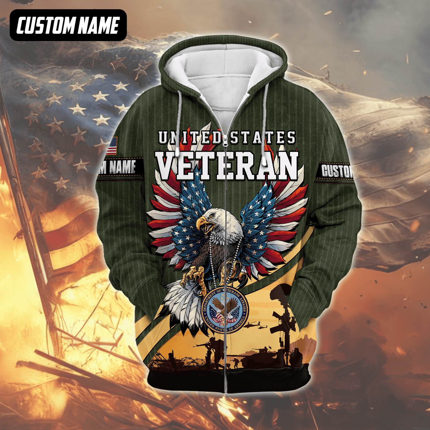 U.S. Veteran Hoodie – Bald Eagle with American Flag Wings, Military Seal Zip Up, easychoo.com
