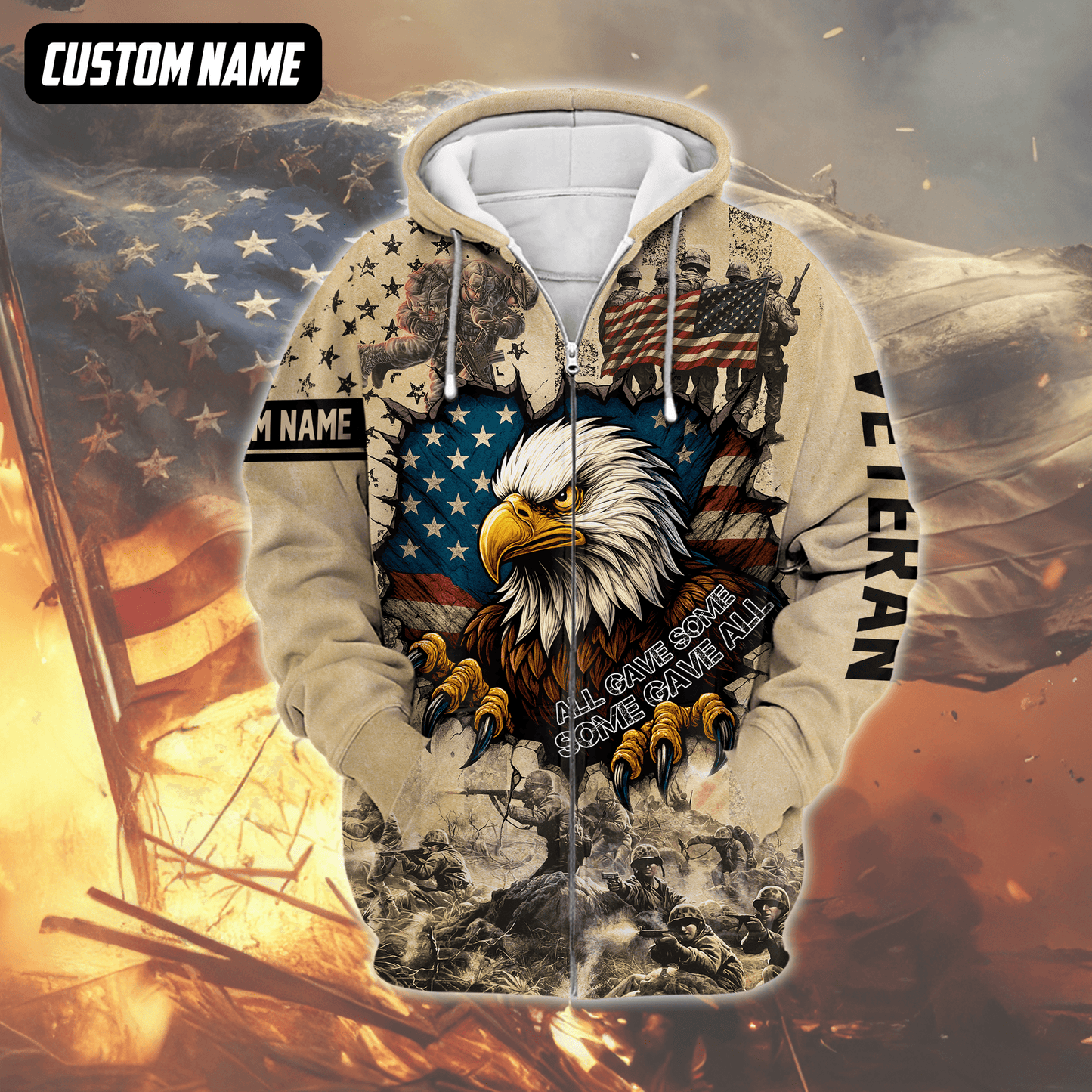 U.S. Veteran Hoodie – All Gave Some Some Gave All, Eagle with American Flag Zip Up, easychoo.com