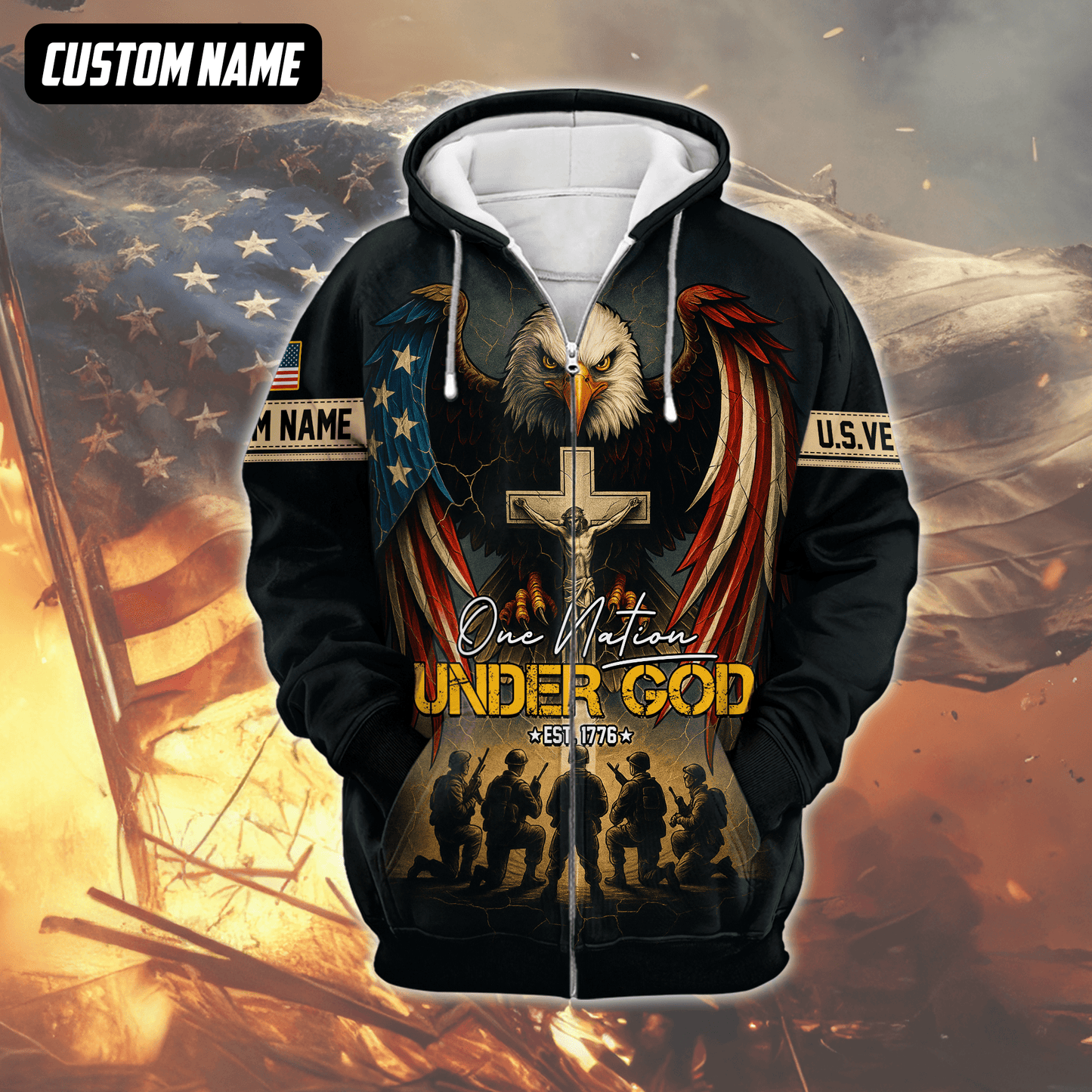 U.S. Veteran Hoodie – One Nation Under God, Eagle with Cross and Soldiers Design, easychoo.com