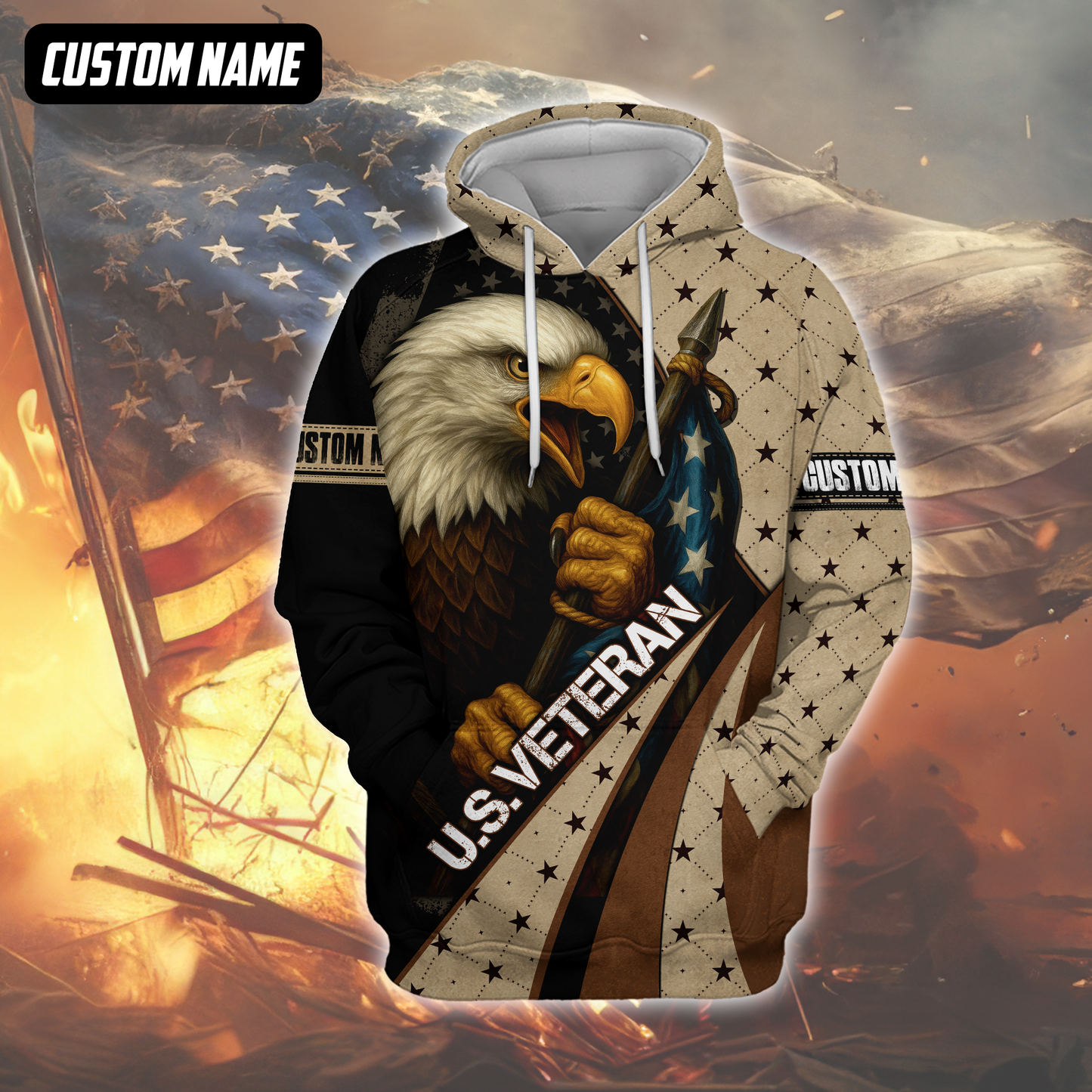 Personalized U.S. Veteran Hoodie – Bald Eagle and American Flag, Patriotic Zip Up Gift, easychoo.com