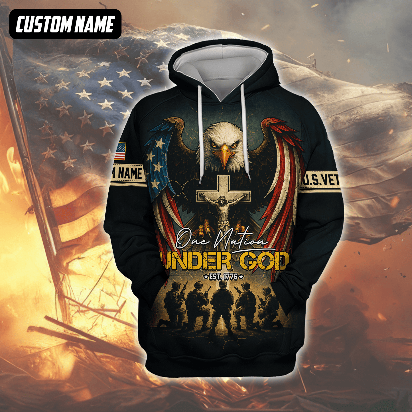 U.S. Veteran Hoodie – One Nation Under God, Eagle with Cross and Soldiers Design, easychoo.com