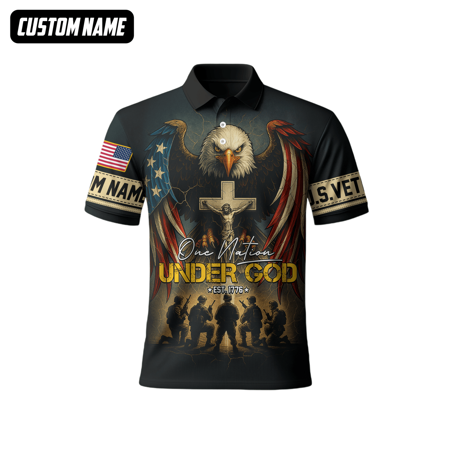 U.S. Veteran Hoodie – One Nation Under God, Eagle with Cross and Soldiers Design, easychoo.com
