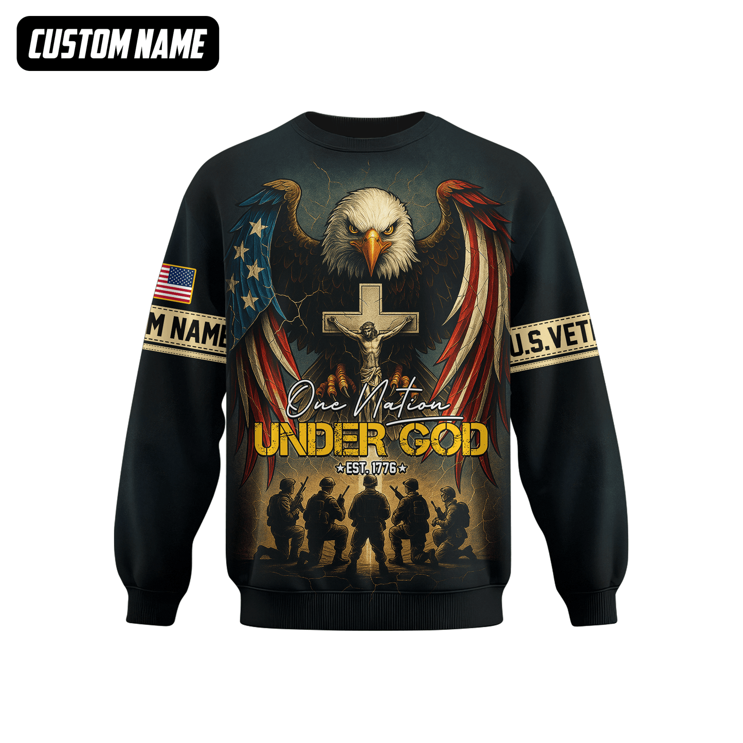 U.S. Veteran Hoodie – One Nation Under God, Eagle with Cross and Soldiers Design, easychoo.com