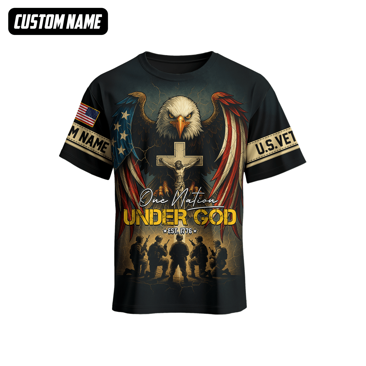 U.S. Veteran Hoodie – One Nation Under God, Eagle with Cross and Soldiers Design, easychoo.com