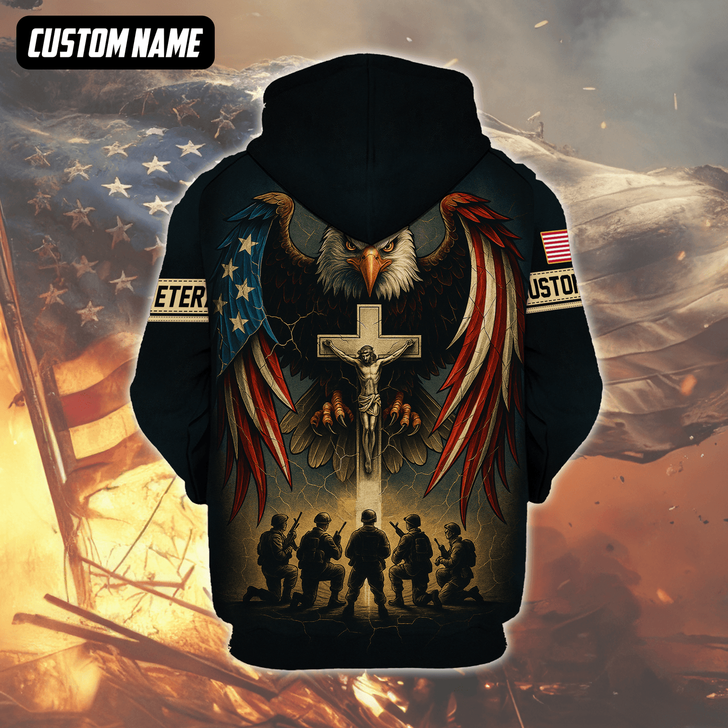 U.S. Veteran Hoodie – One Nation Under God, Eagle with Cross and Soldiers Design, easychoo.com