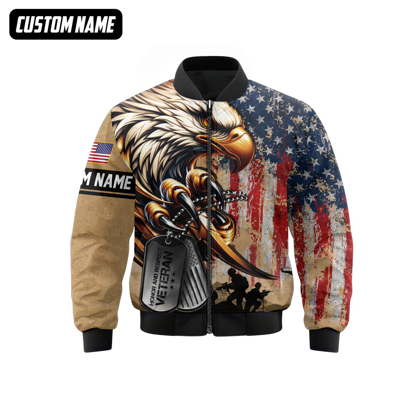 Veteran Eagle Hoodie – U.S. Flag and Dog Tag Design, Custom Name Patriotic Gift
