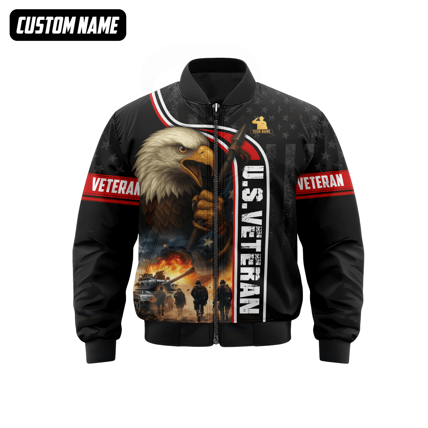 U.S. Veteran Hoodie – American Eagle and Soldiers Design, Patriotic Military Zip Up Hoodie