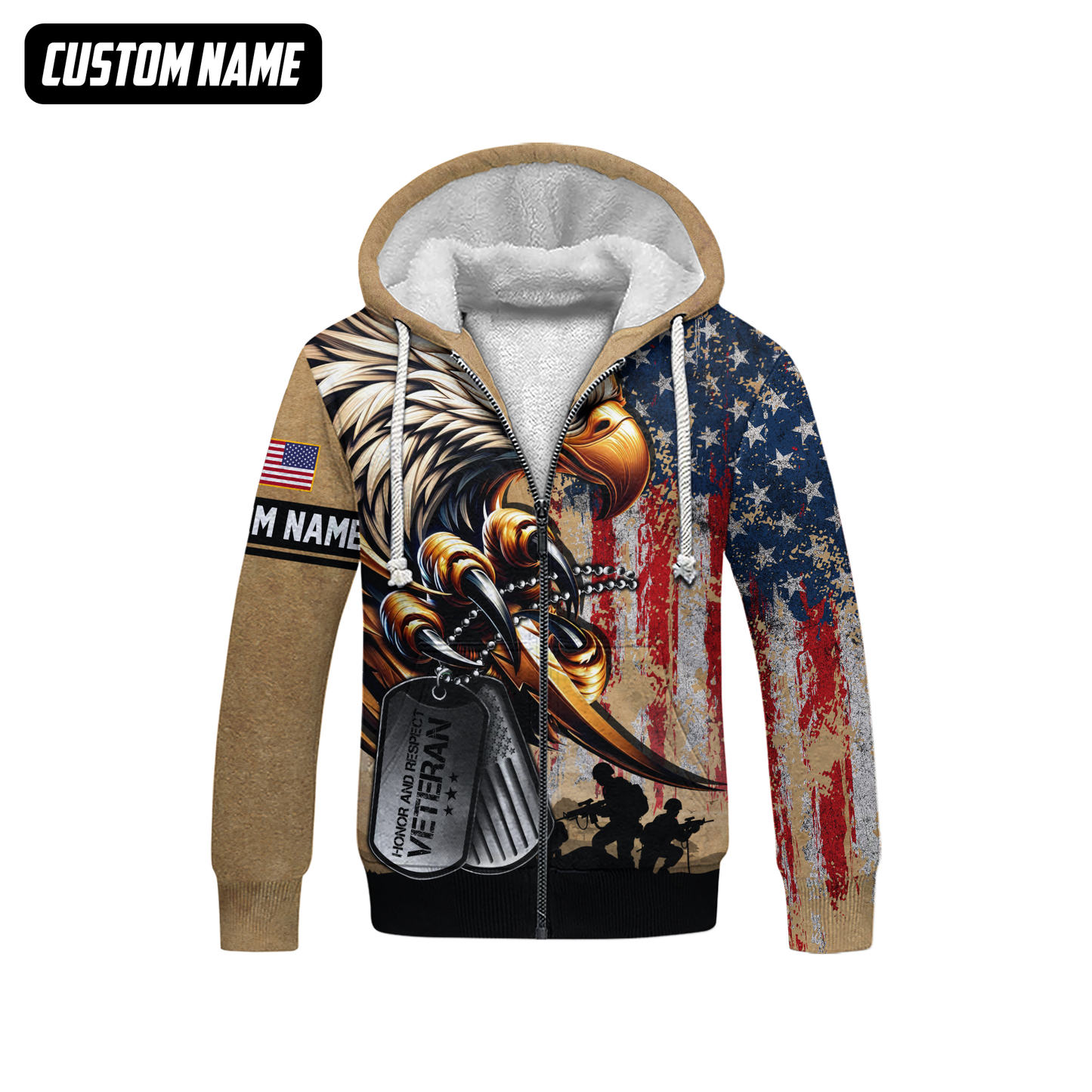 Veteran Eagle Hoodie – U.S. Flag and Dog Tag Design, Custom Name Patriotic Gift