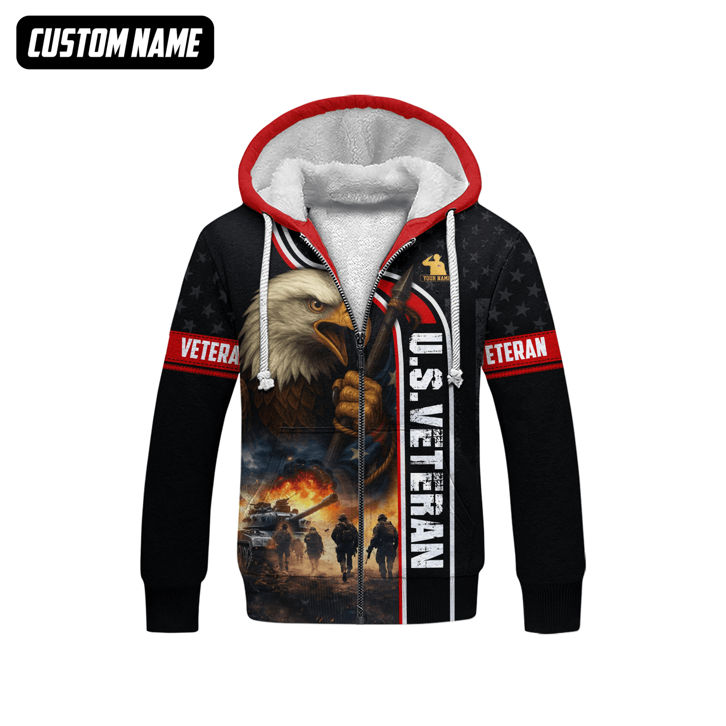 U.S. Veteran Hoodie – American Eagle and Soldiers Design, Patriotic Military Zip Up Hoodie