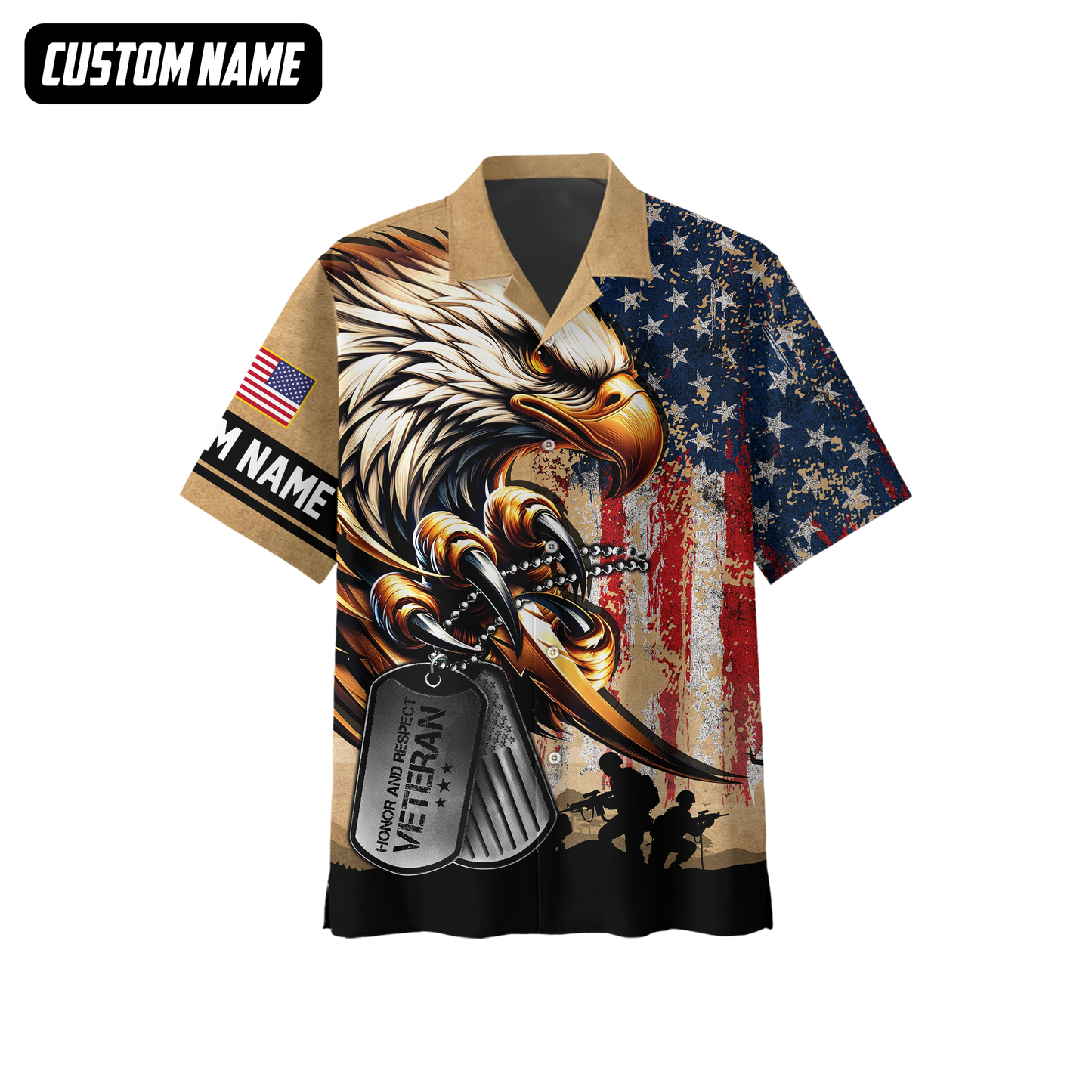 Veteran Eagle Hoodie – U.S. Flag and Dog Tag Design, Custom Name Patriotic Gift