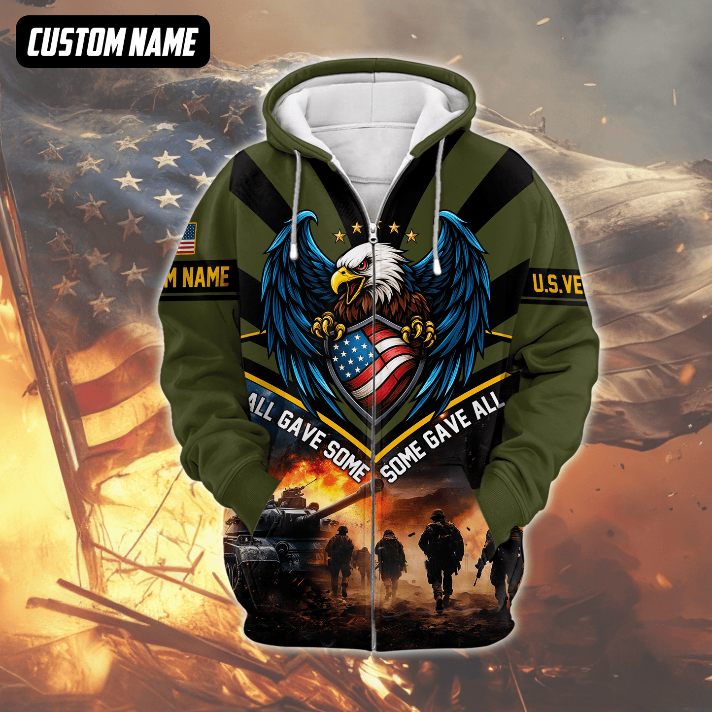 U.S. Veteran Hoodie – All Gave Some Some Gave All, Eagle with Flag Shield Zip Up, easychoo.com