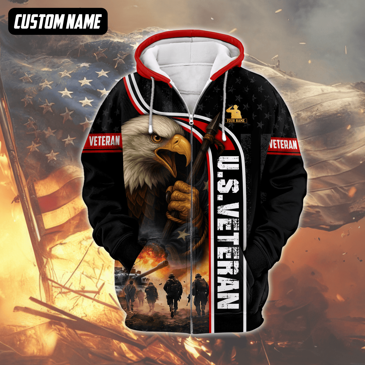 U.S. Veteran Hoodie – American Eagle and Soldiers Design, Patriotic Military Zip Up Hoodie