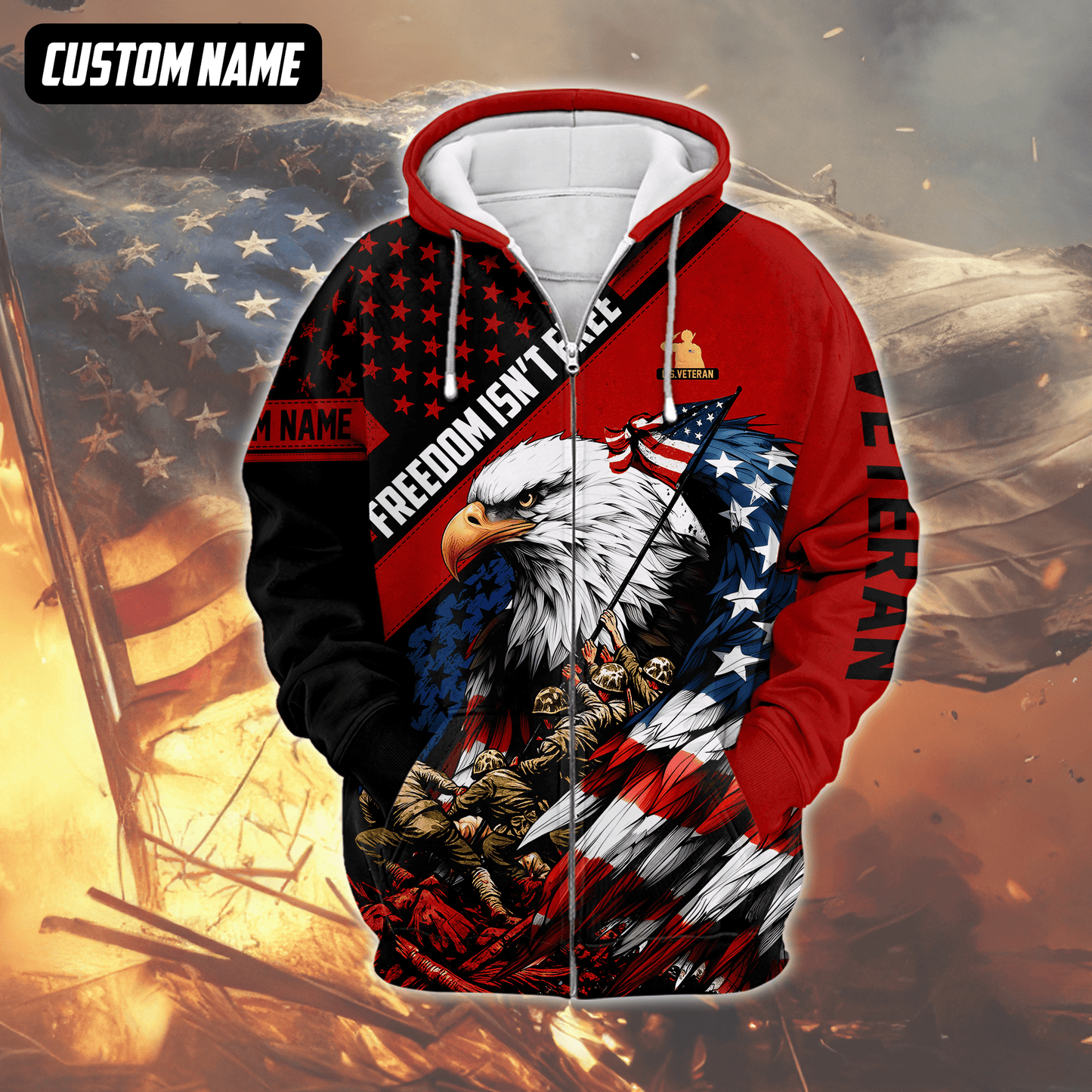 U.S. Veteran Hoodie – Freedom Isn’t Free, Bald Eagle with Flag and Soldiers Design, easychoo.com