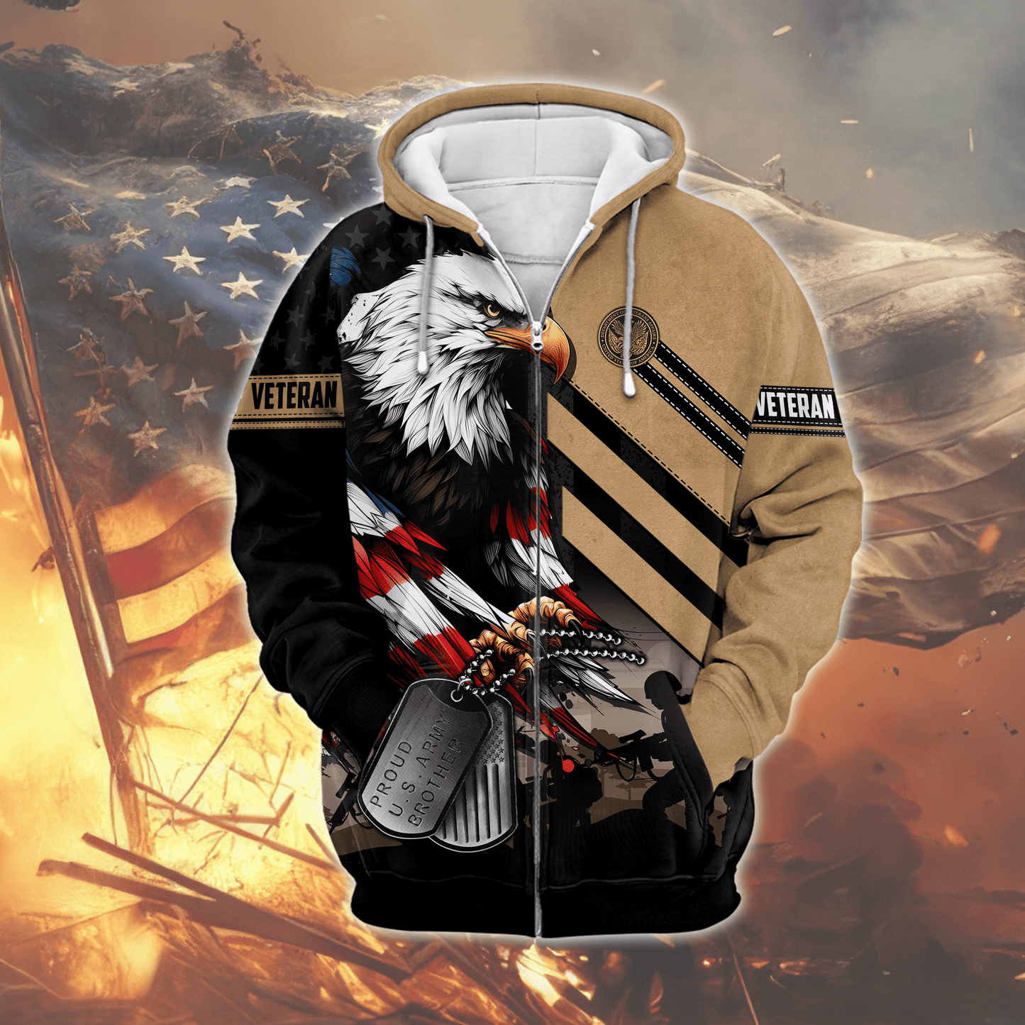 U.S. Veteran Hoodie – American Eagle Flag and Dog Tag Design, Patriotic Military Zip Up