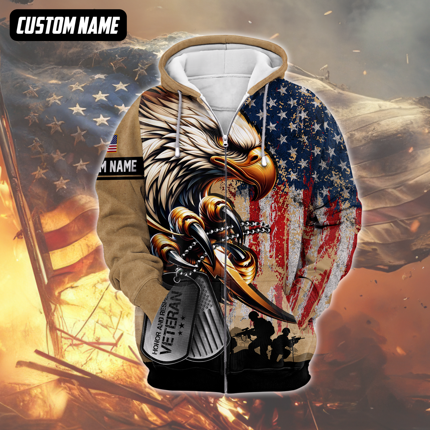 Veteran Eagle Hoodie – U.S. Flag and Dog Tag Design, Custom Name Patriotic Gift