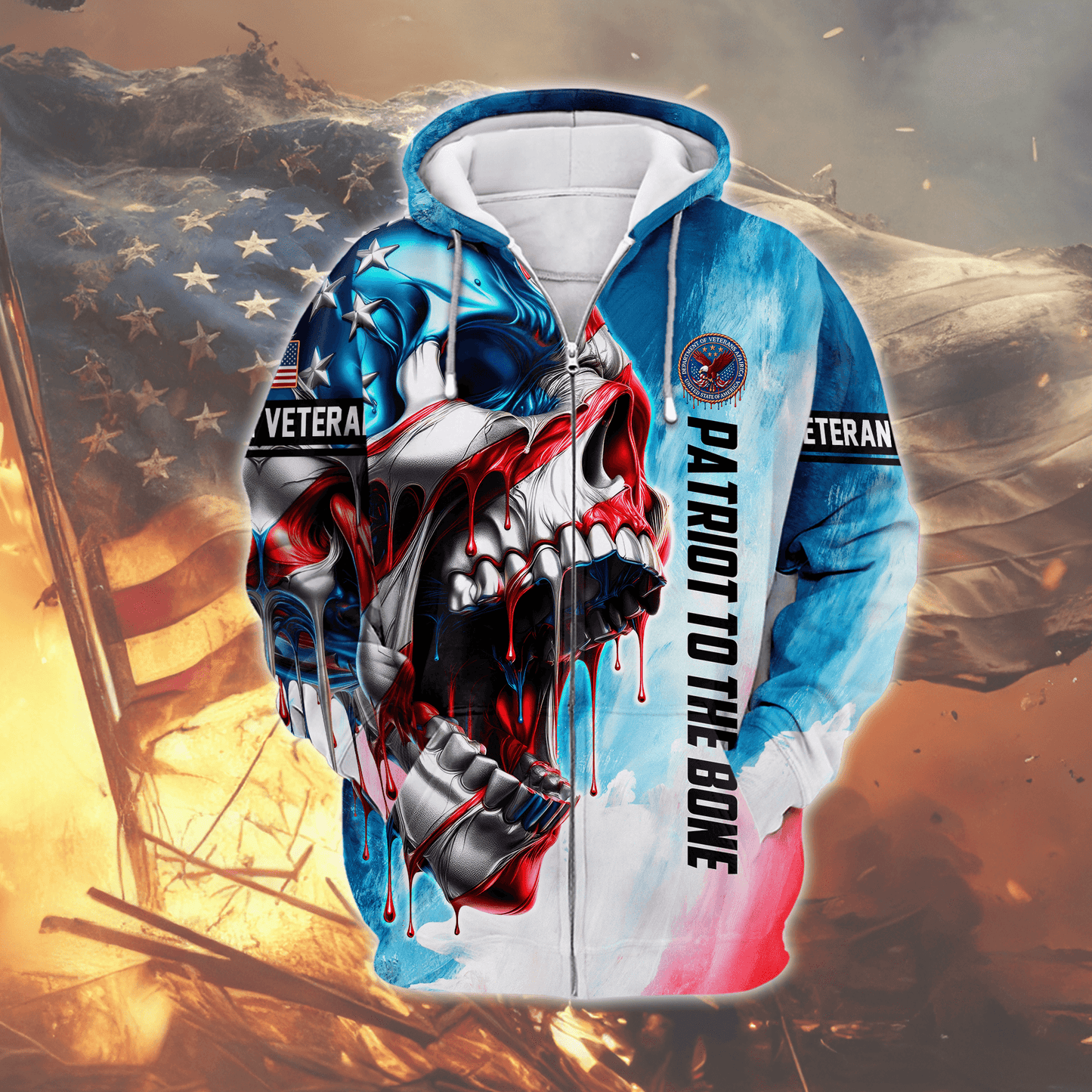 U.S. Veteran Hoodie – Patriotic Skull Design, American Flag Zip Up Jacket