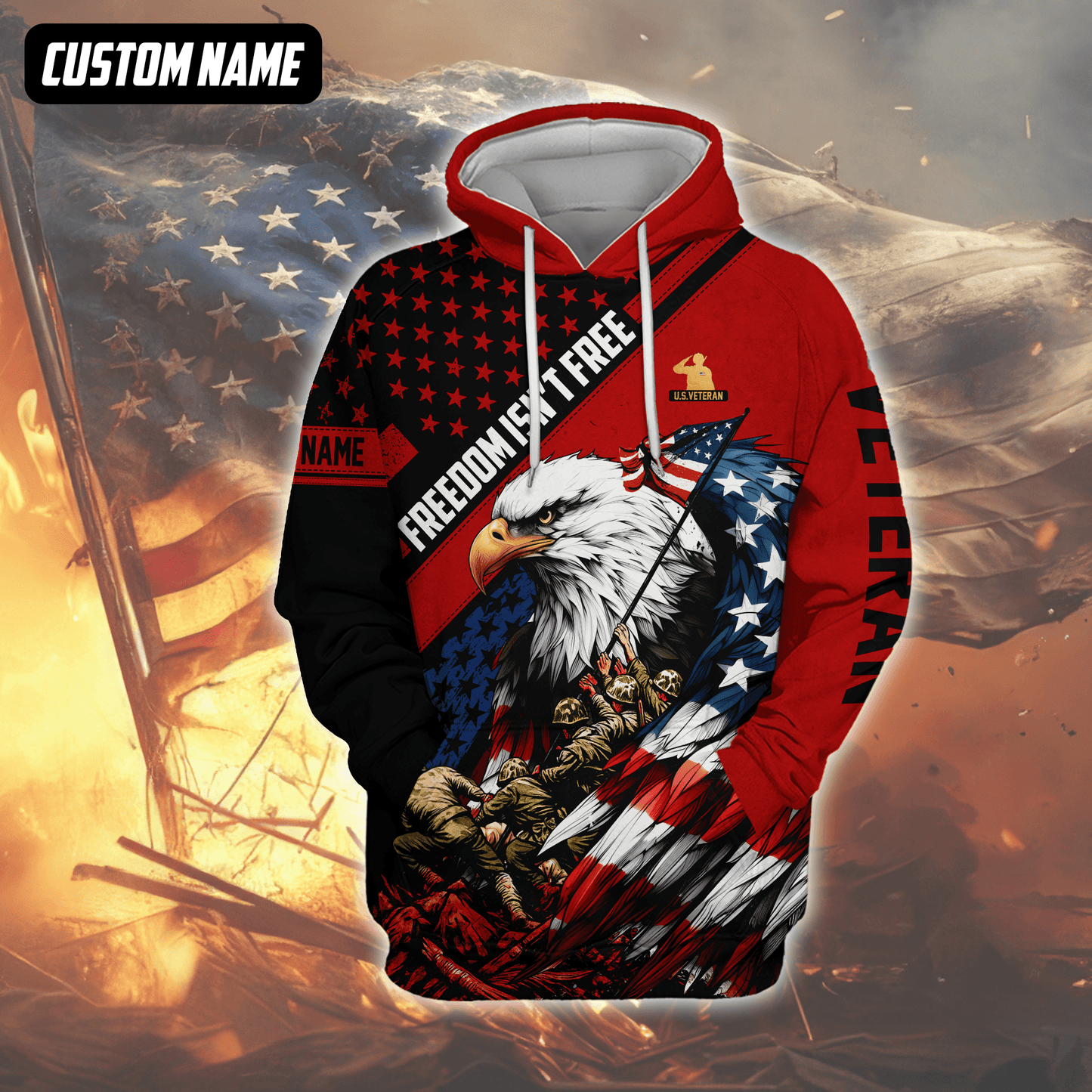 U.S. Veteran Hoodie – Freedom Isn’t Free, Bald Eagle with Flag and Soldiers Design, easychoo.com