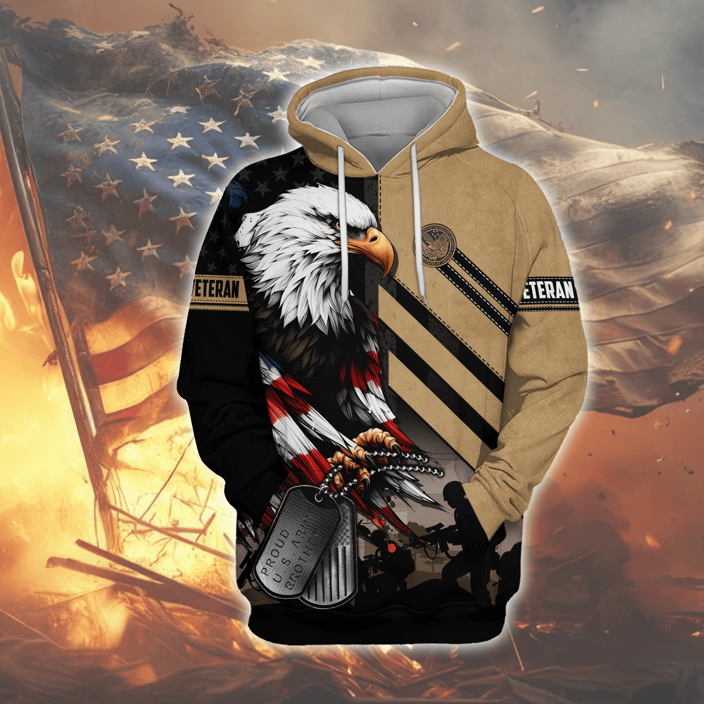 U.S. Veteran Hoodie – American Eagle Flag and Dog Tag Design, Patriotic Military Zip Up
