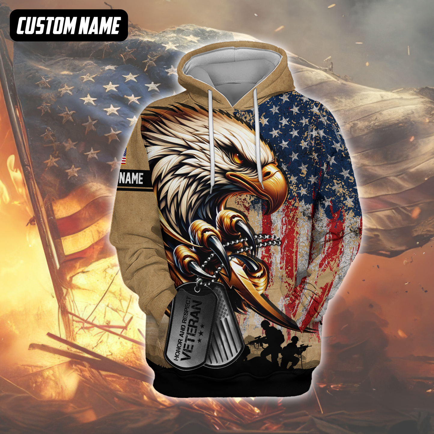 Veteran Eagle Hoodie – U.S. Flag and Dog Tag Design, Custom Name Patriotic Gift