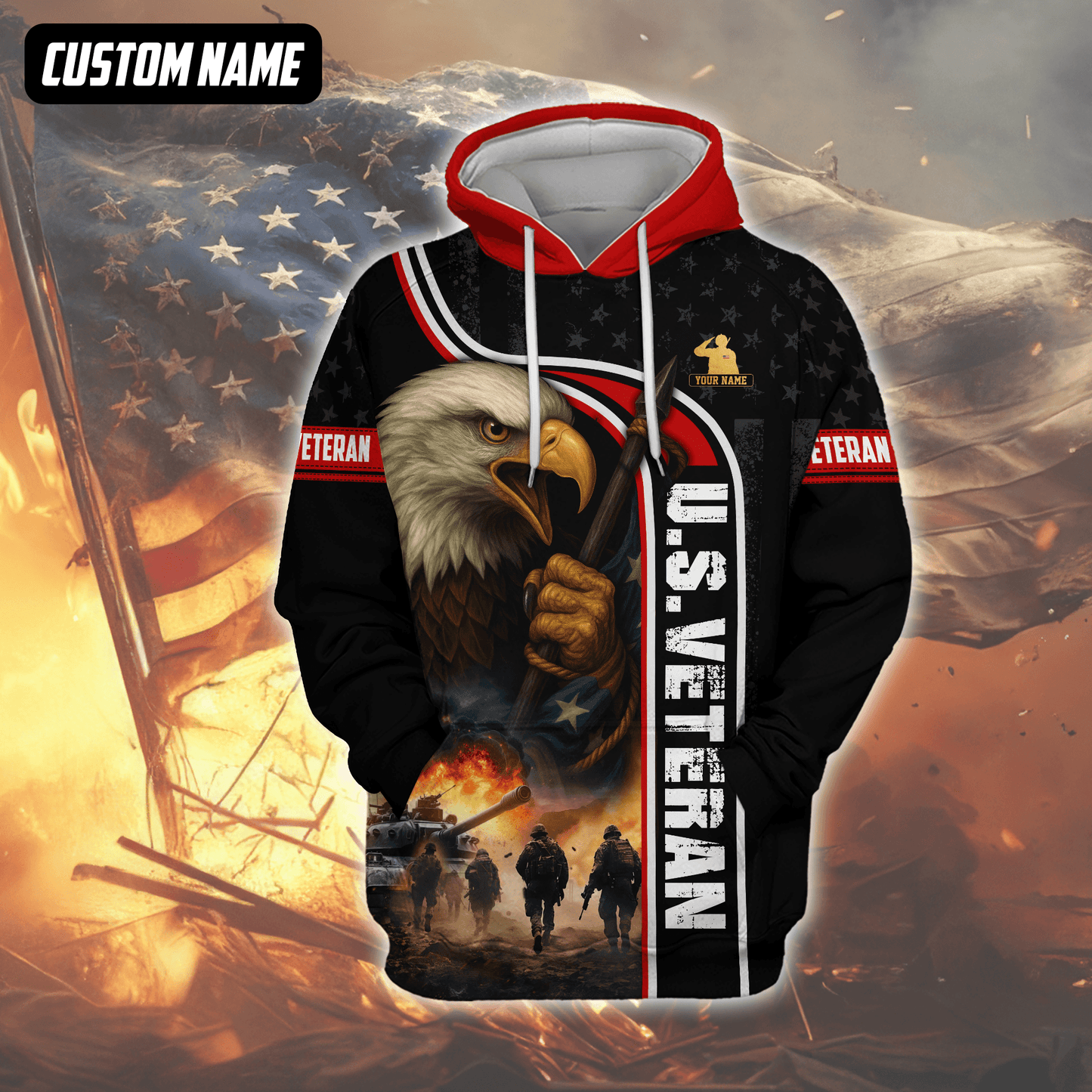 U.S. Veteran Hoodie – American Eagle and Soldiers Design, Patriotic Military Zip Up Hoodie