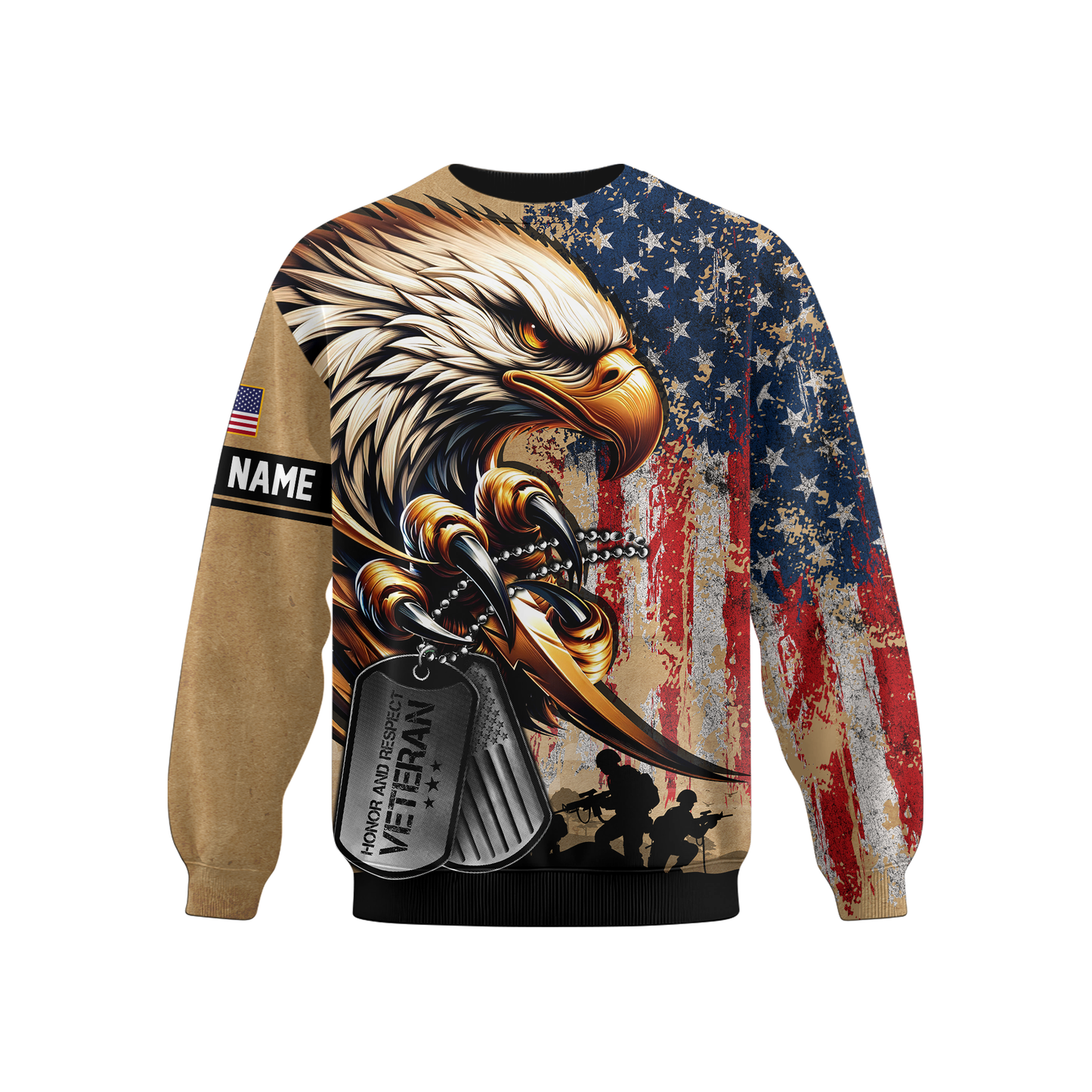 Veteran Eagle Hoodie – U.S. Flag and Dog Tag Design, Custom Name Patriotic Gift