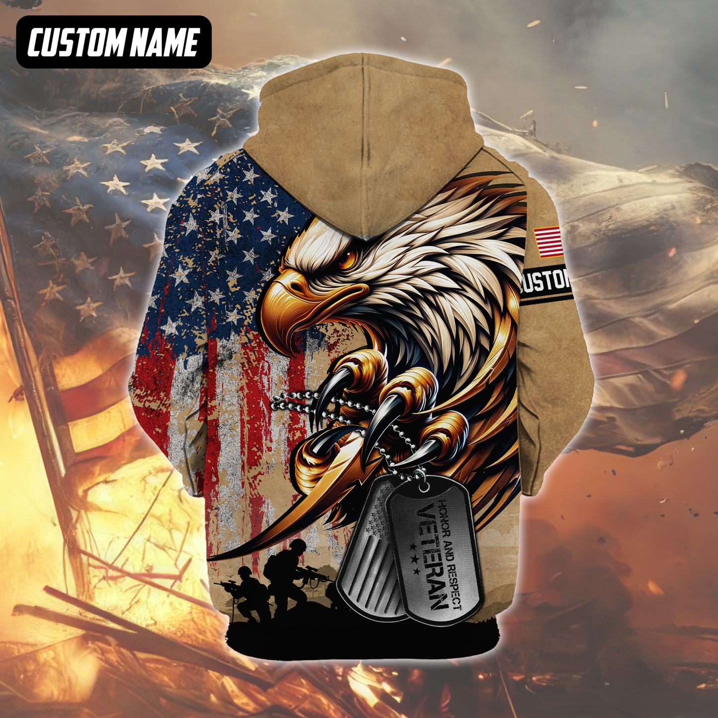 Veteran Eagle Hoodie – U.S. Flag and Dog Tag Design, Custom Name Patriotic Gift