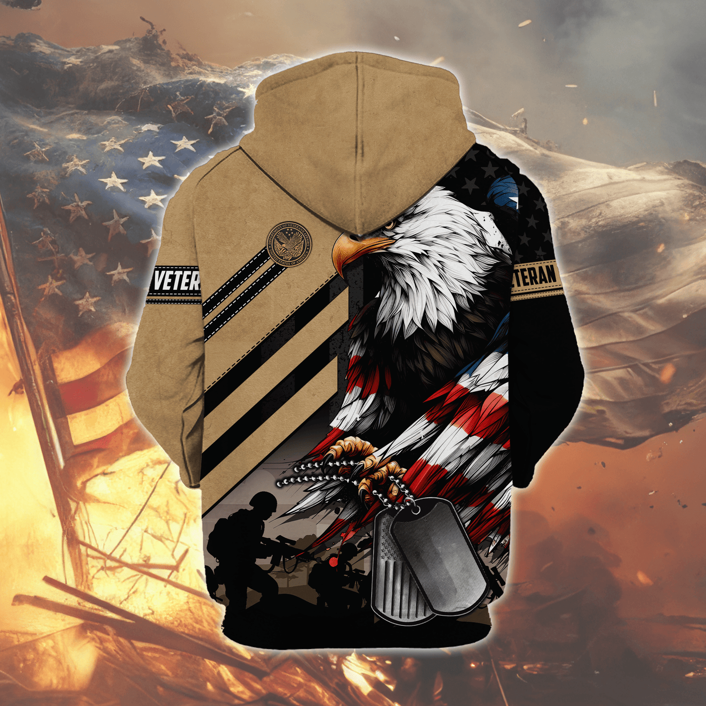 U.S. Veteran Hoodie – American Eagle Flag and Dog Tag Design, Patriotic Military Zip Up