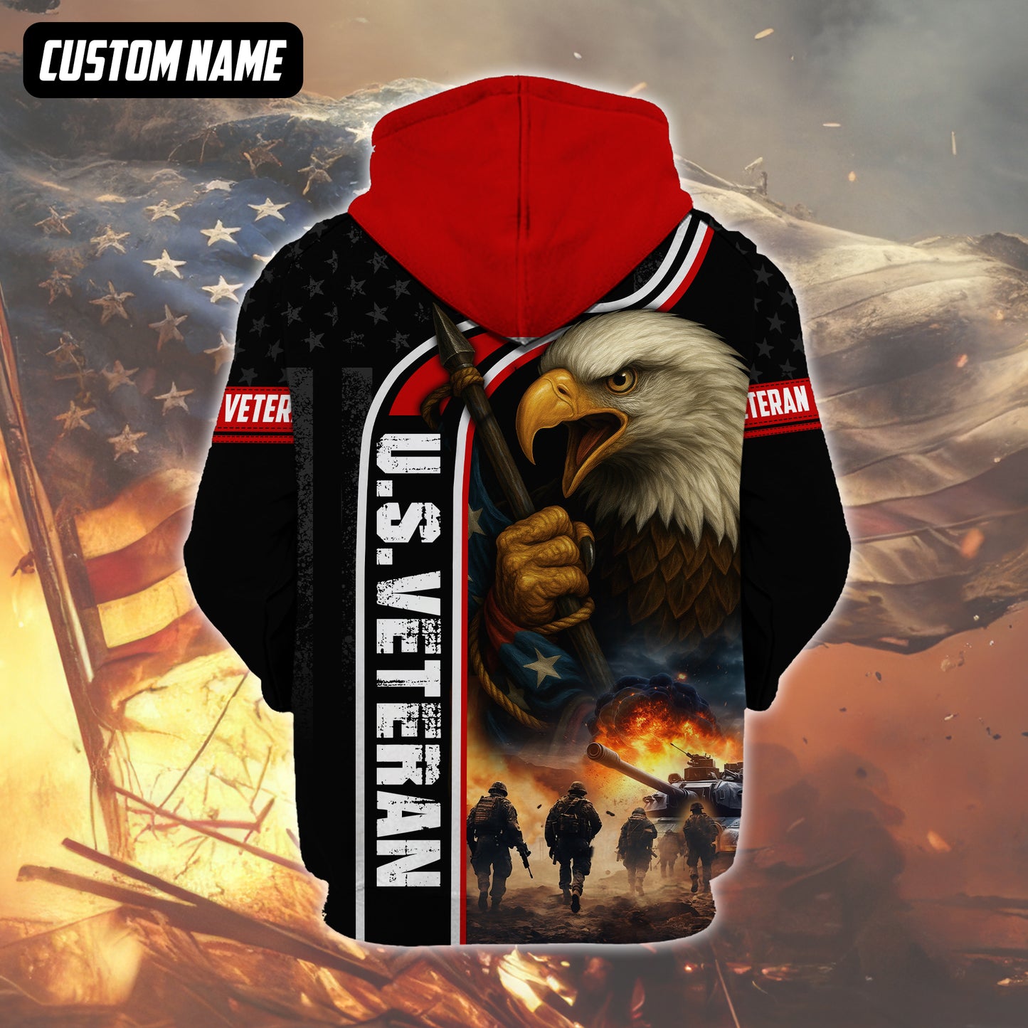 U.S. Veteran Hoodie – American Eagle and Soldiers Design, Patriotic Military Zip Up Hoodie