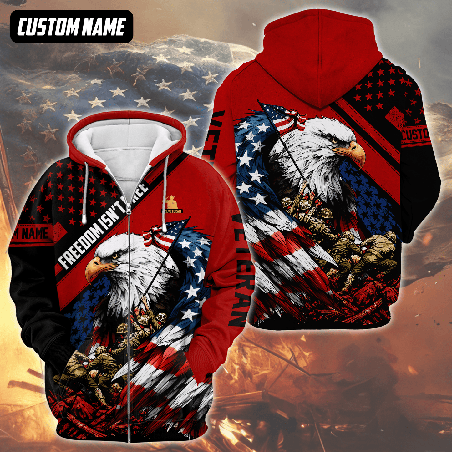 U.S. Veteran Hoodie – Freedom Isn’t Free, Bald Eagle with Flag and Soldiers Design, easychoo.com