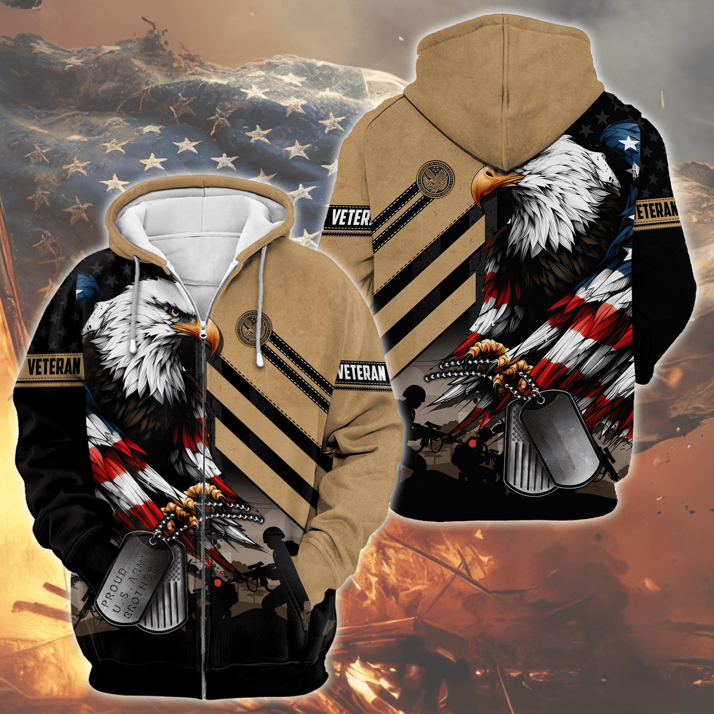 U.S. Veteran Hoodie – American Eagle Flag and Dog Tag Design, Patriotic Military Zip Up