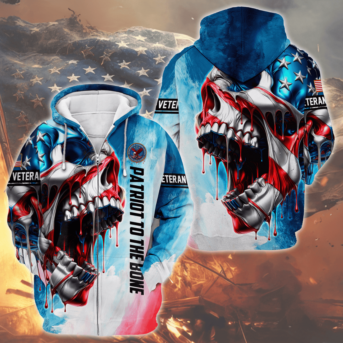 U.S. Veteran Hoodie – Patriotic Skull Design, American Flag Zip Up Jacket