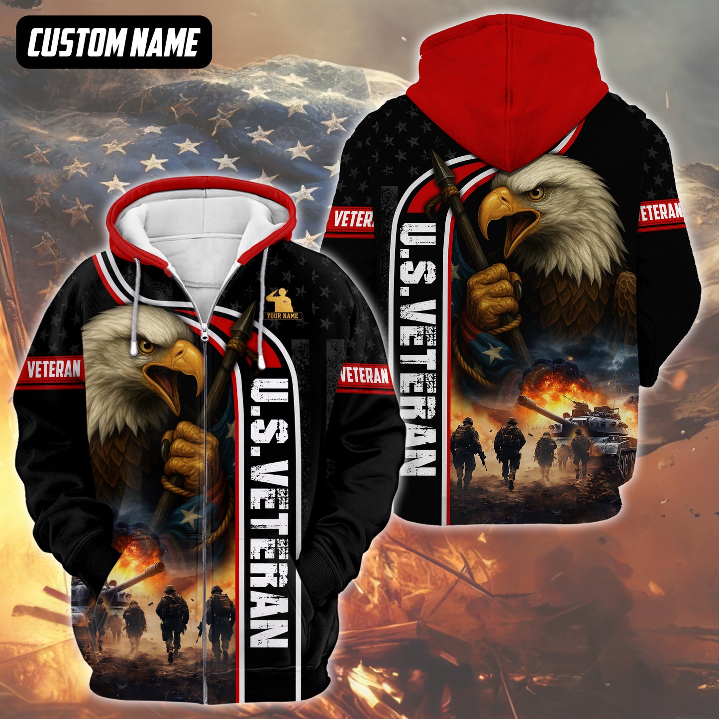 U.S. Veteran Hoodie – American Eagle and Soldiers Design, Patriotic Military Zip Up Hoodie