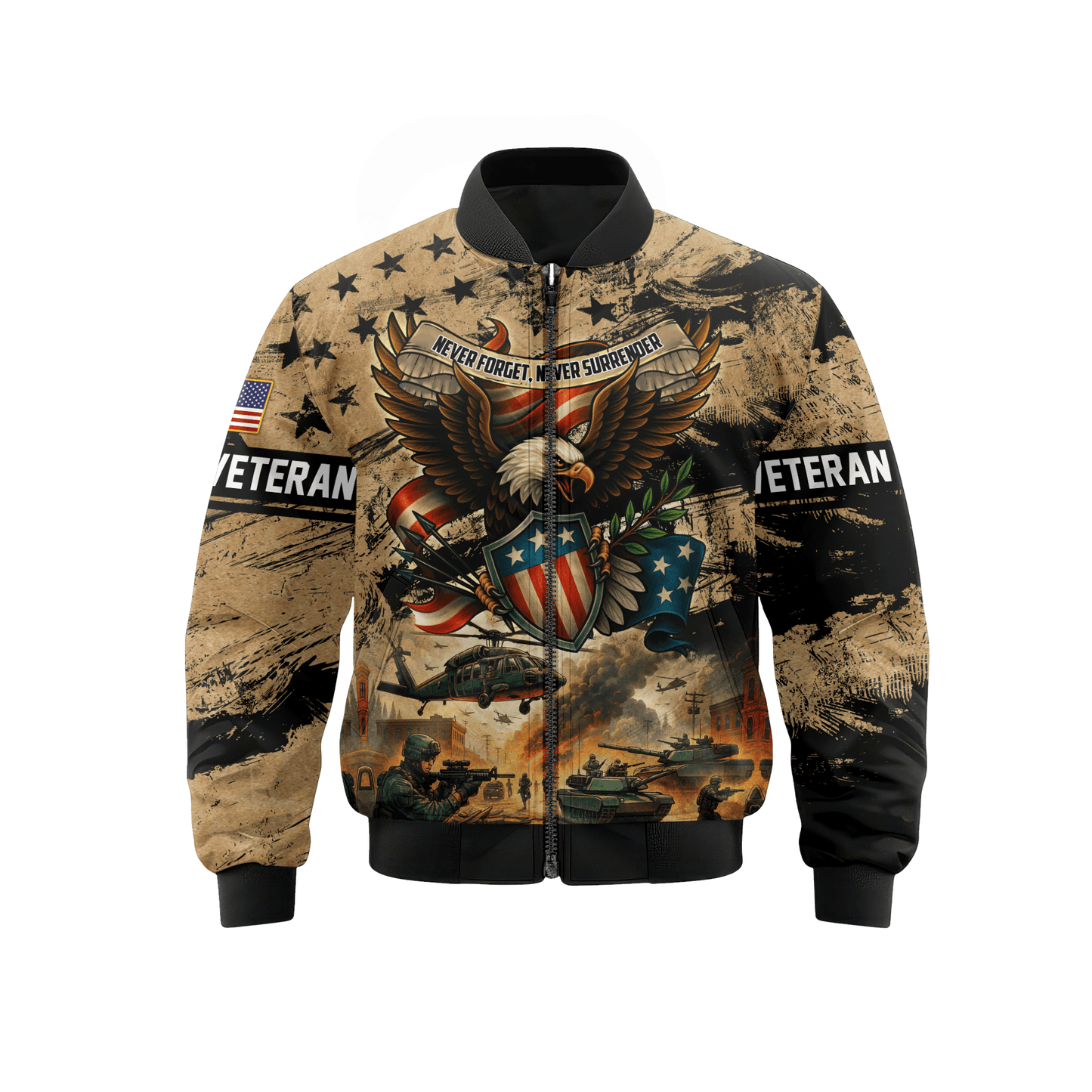 U.S. Veteran Hoodie – Never Forget Never Surrender Eagle Military Zip Up