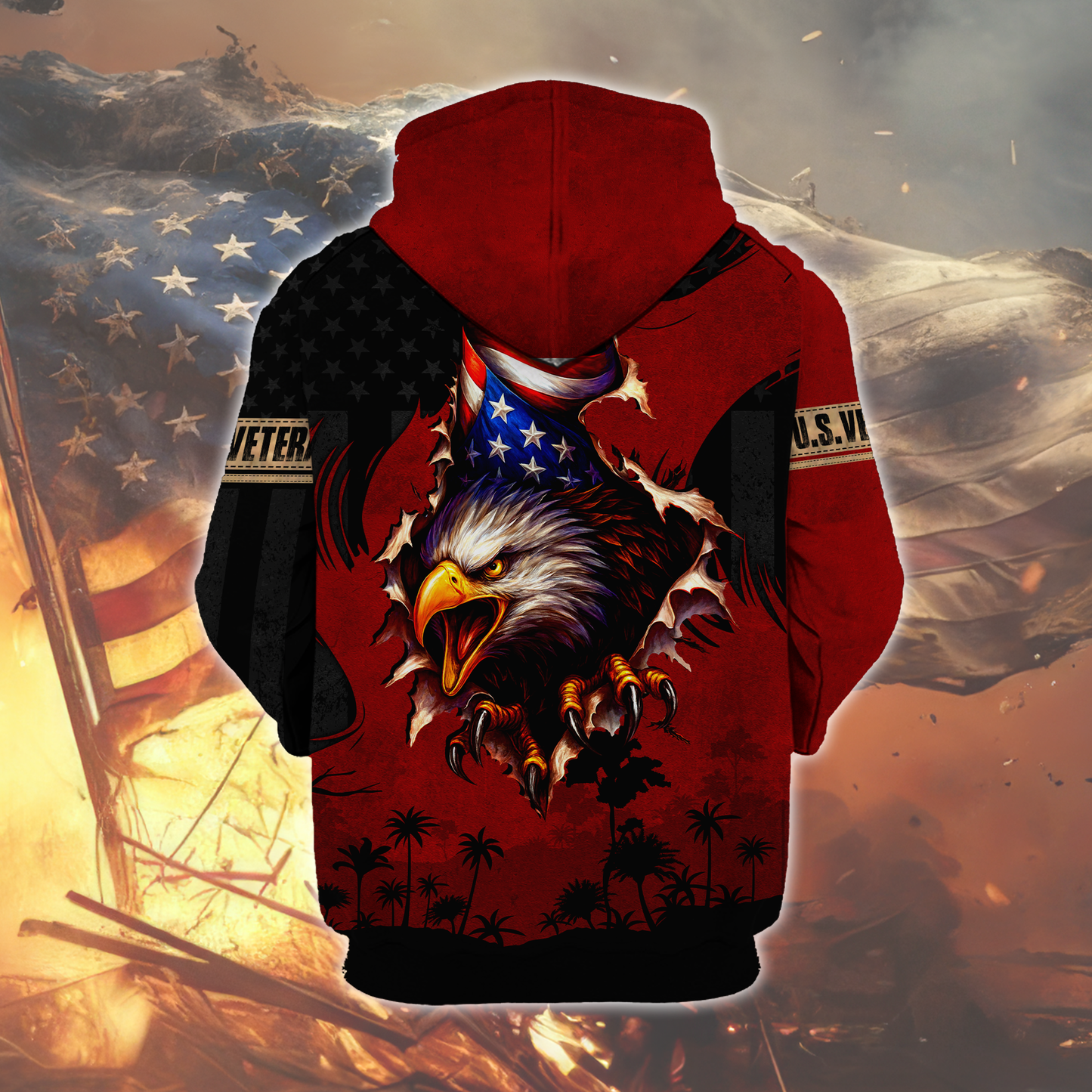 American Veteran Patriotic Eagle with U.S. Flag All-Over Print Zip Hoodie, easychoo.com