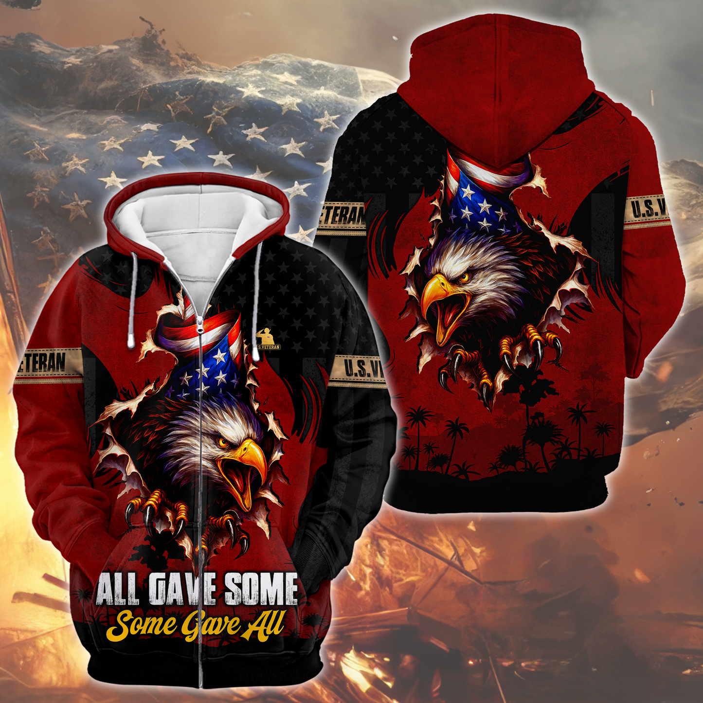 American Veteran Patriotic Eagle with U.S. Flag All-Over Print Zip Hoodie, easychoo.com