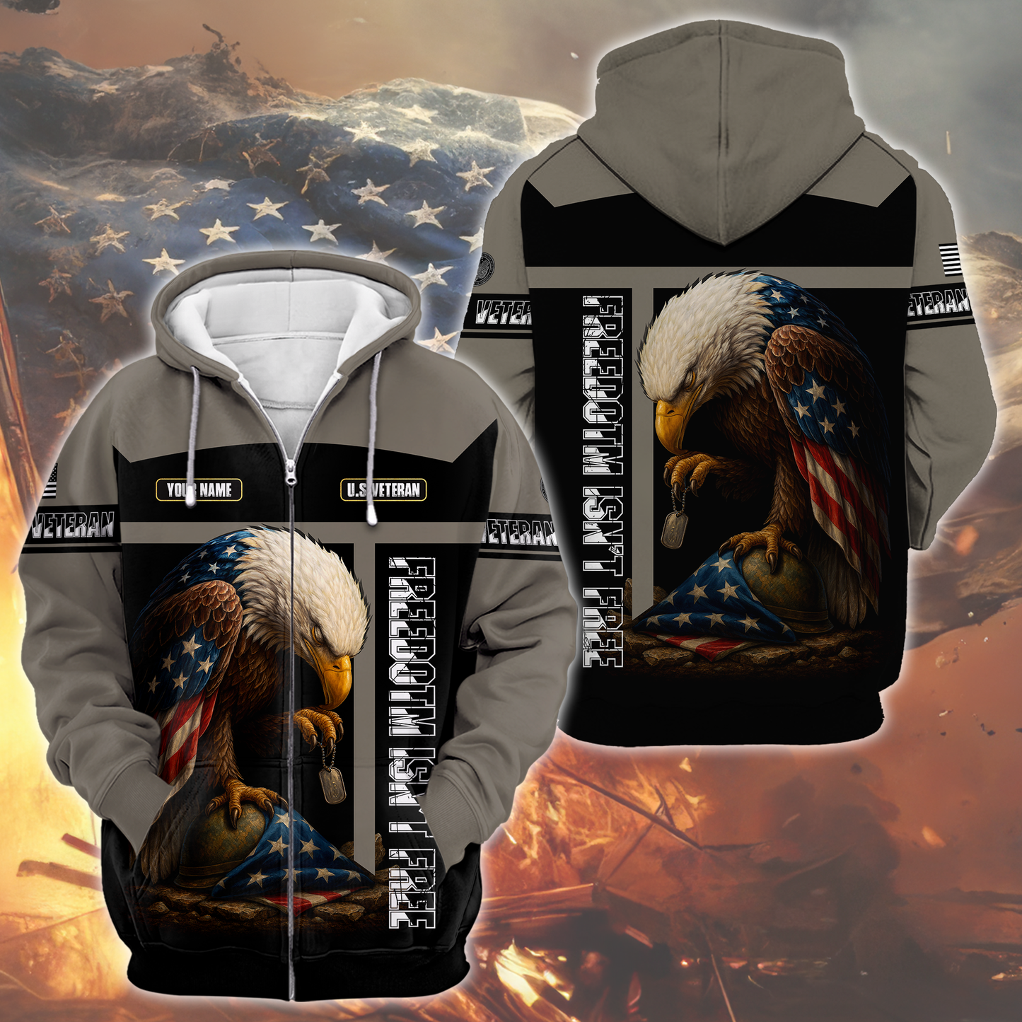 American Veteran Patriotic Eagle with U.S. Flag All-Over Print Zip Hoodie, easychoo.com