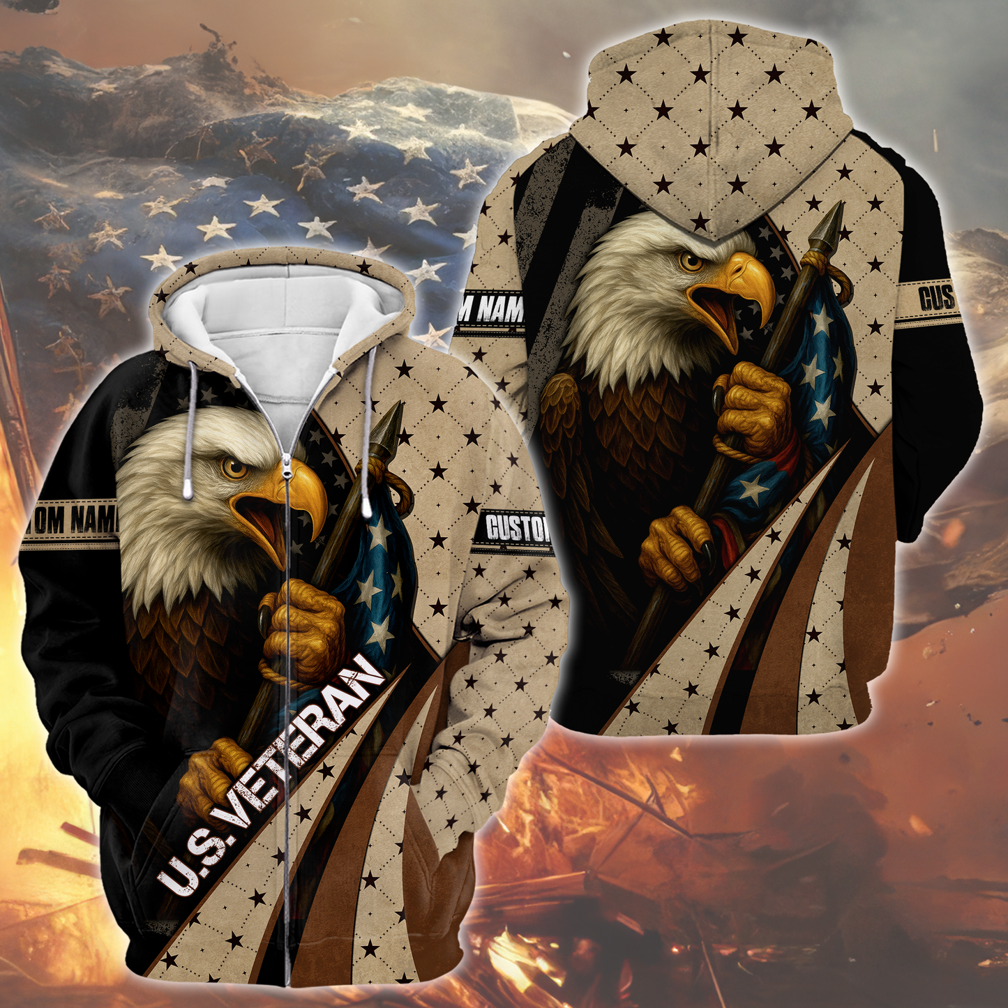 American Veteran Patriotic Eagle with U.S. Flag All-Over Print Zip Hoodie, easychoo.com