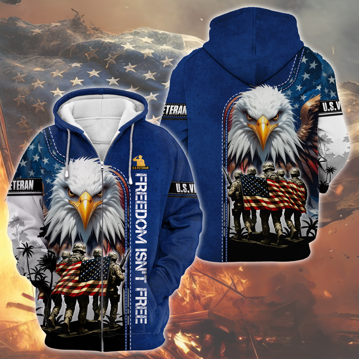 American Veteran Patriotic Eagle with U.S. Flag All-Over Print Zip Hoodie, easychoo.com