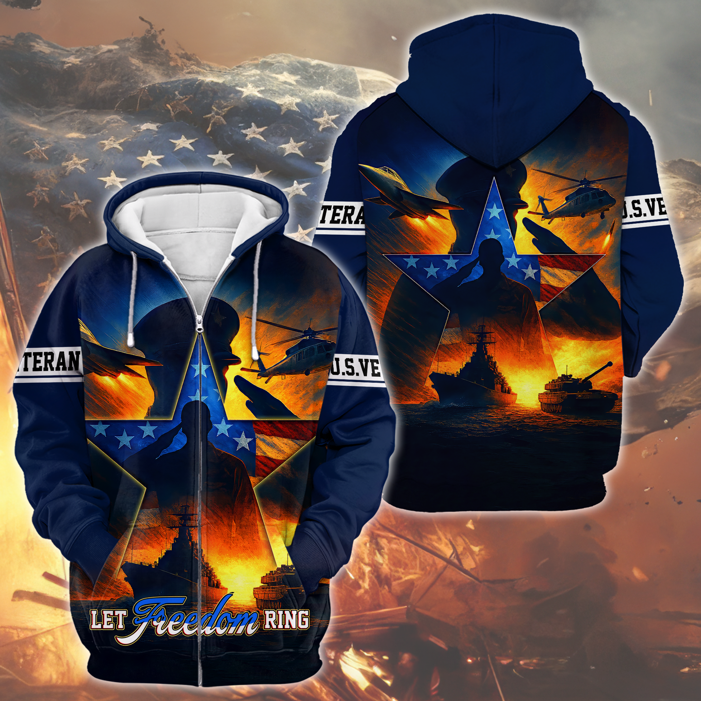 U.S. Veteran "Let Freedom Ring" All-Over Print Zip Hoodie, easychoo.com