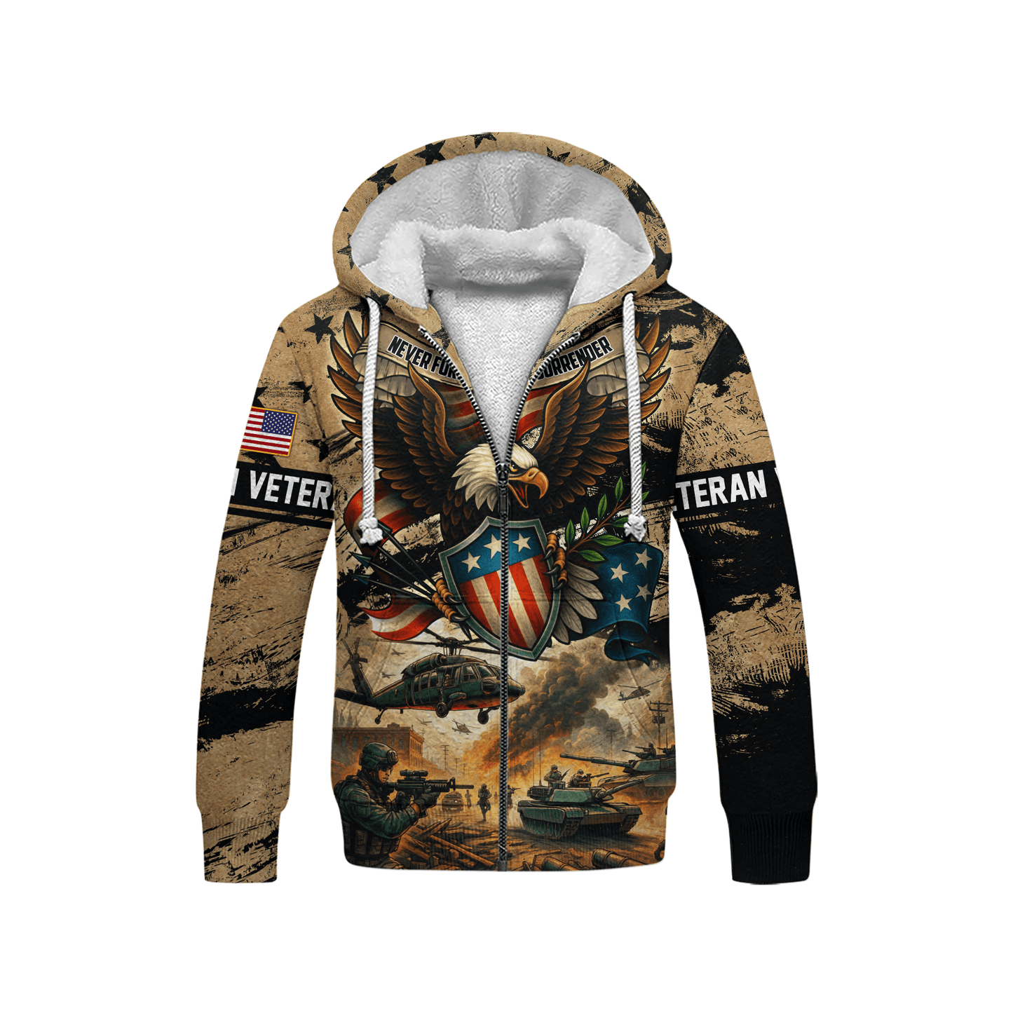 U.S. Veteran Hoodie – Never Forget Never Surrender Eagle Military Zip Up