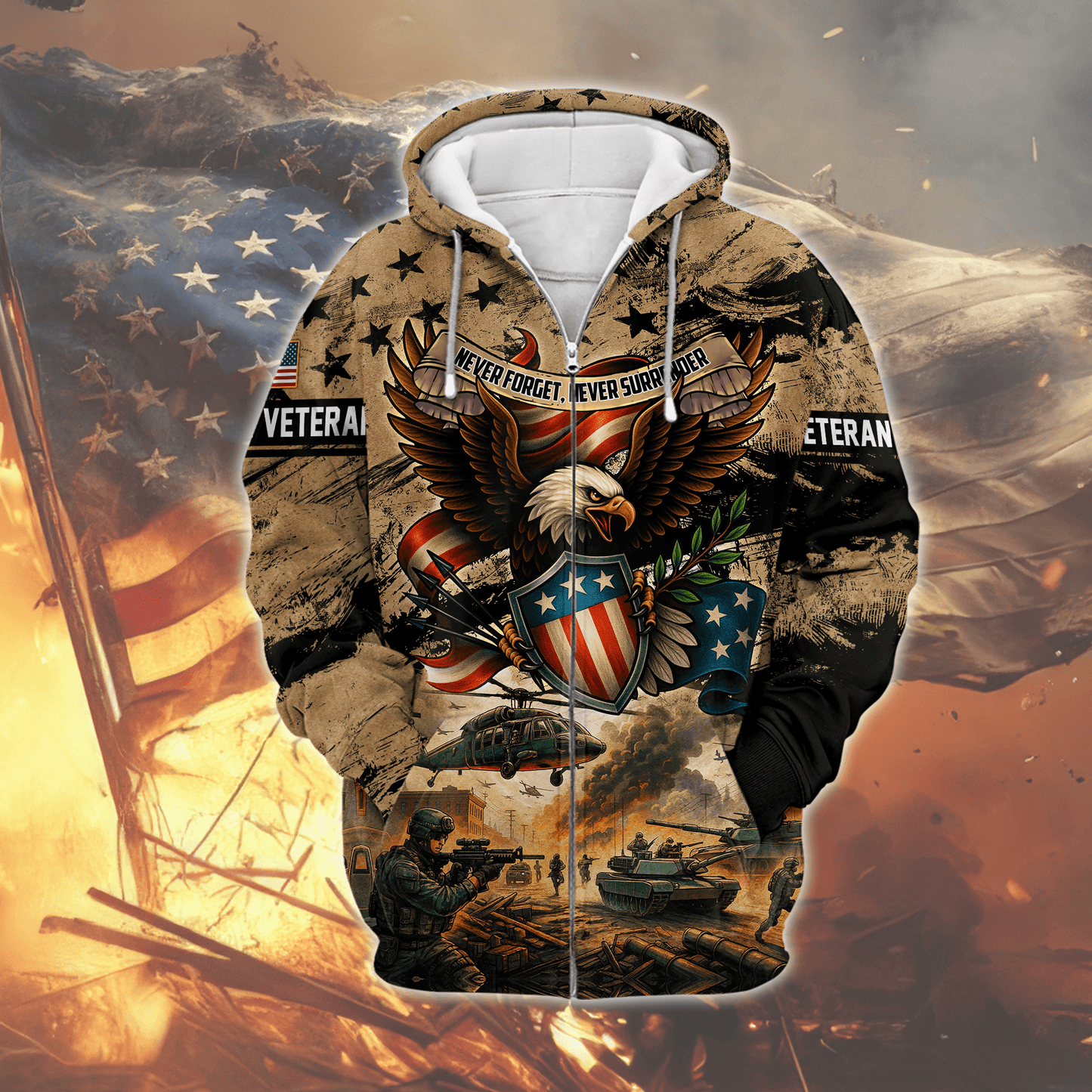 U.S. Veteran Hoodie – Never Forget Never Surrender Eagle Military Zip Up