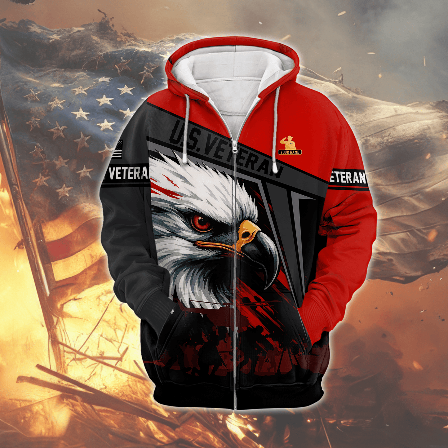 U.S. Veteran Hoodie – Bold Eagle Head Red & Black Patriotic Zip Up