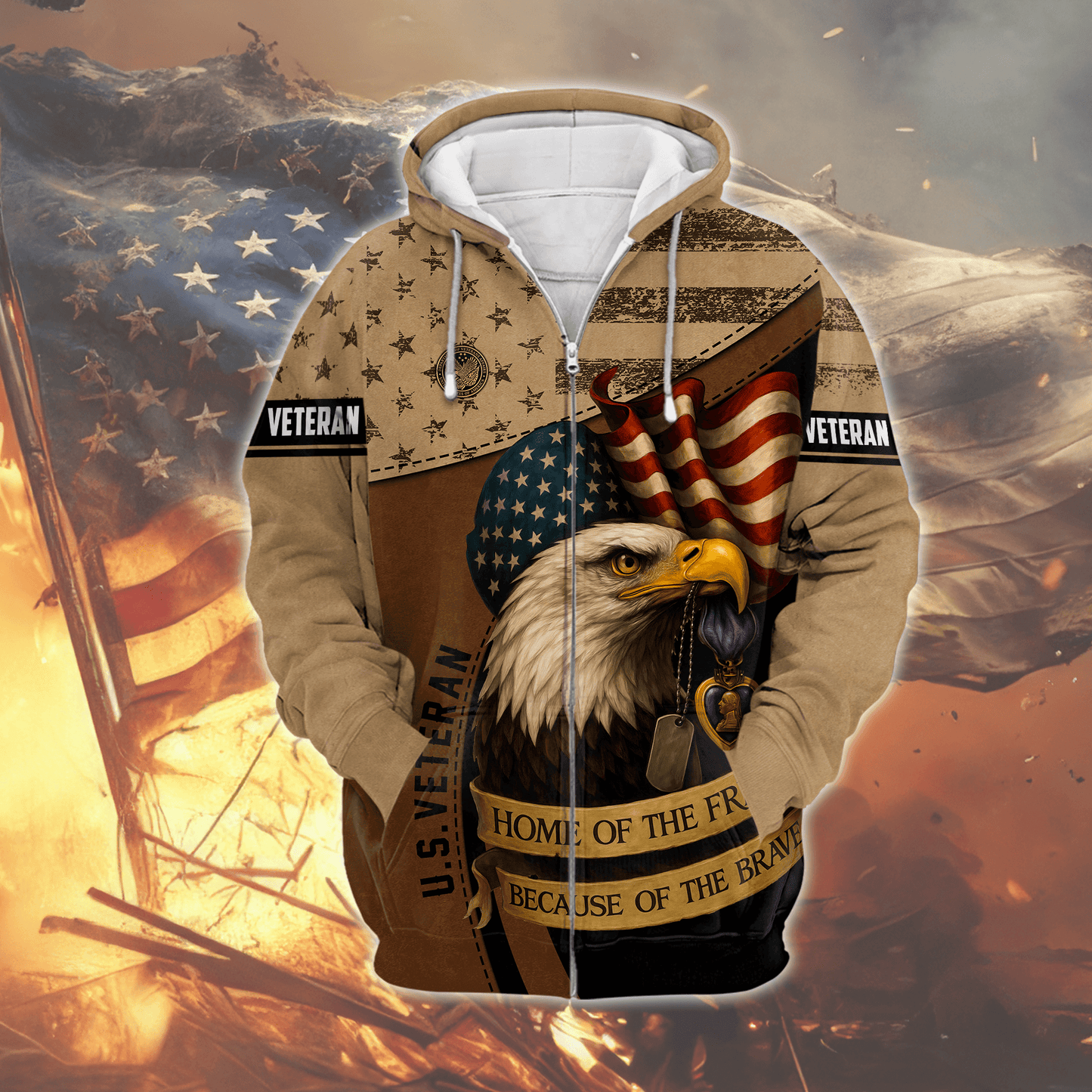 U.S. Veteran Hoodie – Patriotic Eagle Flag Military Pride Zip Up