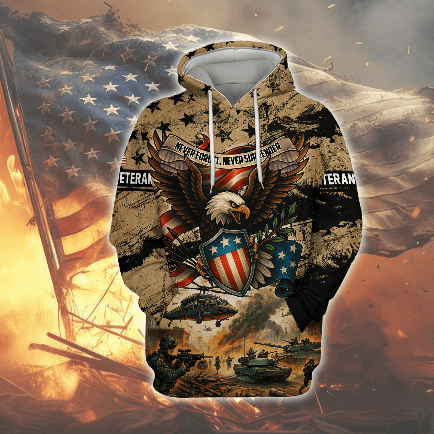 U.S. Veteran Hoodie – Never Forget Never Surrender Eagle Military Zip Up