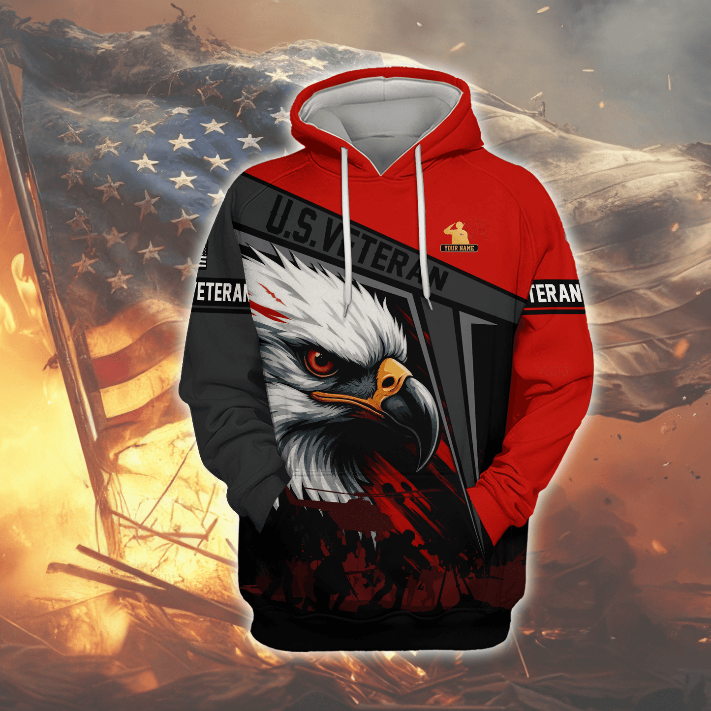 U.S. Veteran Hoodie – Bold Eagle Head Red & Black Patriotic Zip Up