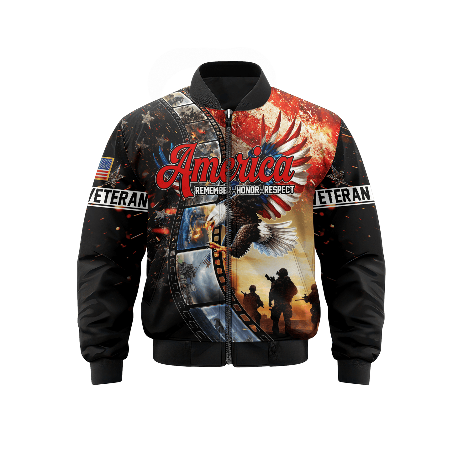 U.S. Veteran Hoodie – America Remember Honor Respect, Eagle and Soldier Zip Up, Patriotic Hoodie