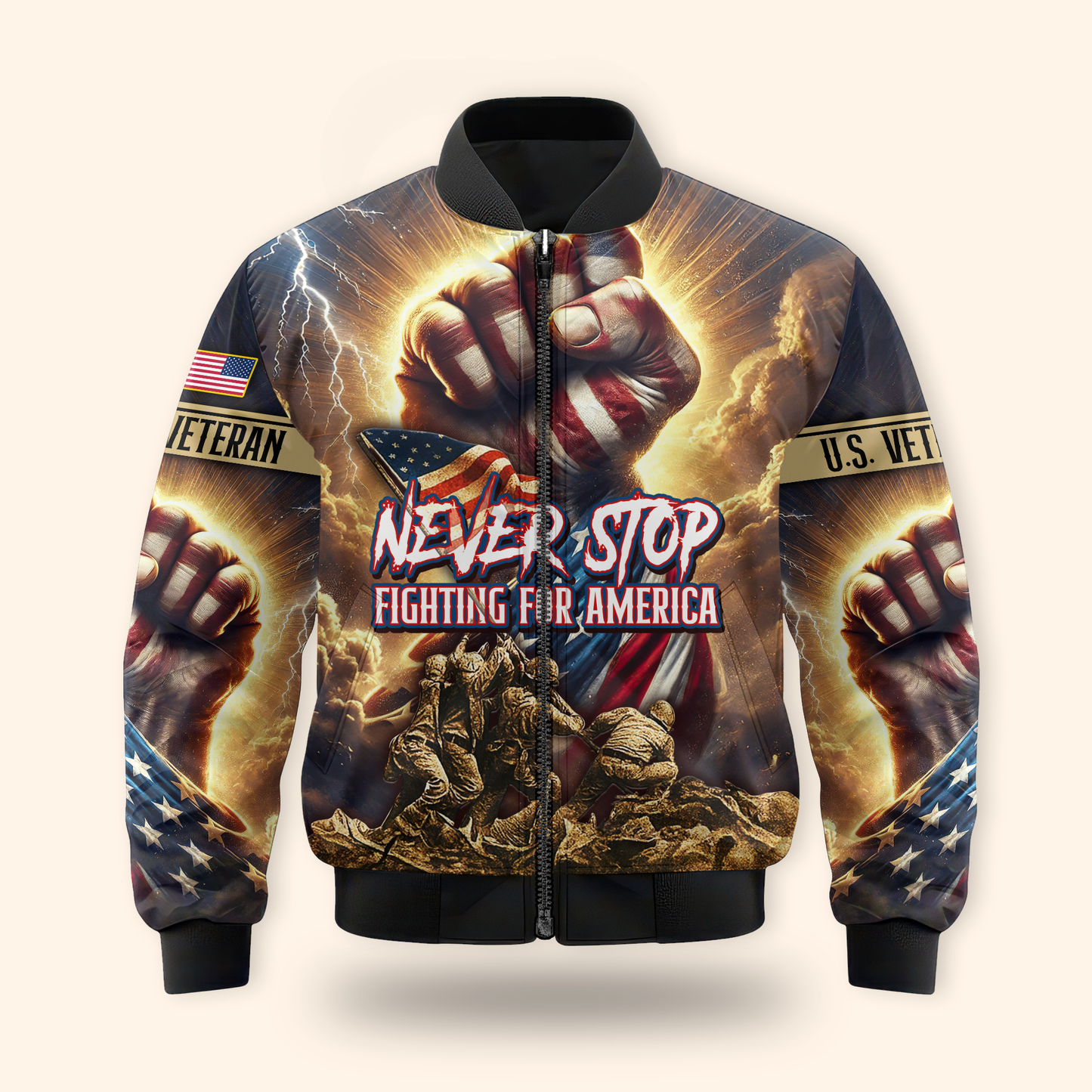 U.S. Veteran Hoodie – Never Stop Fighting for America, Patriotic Warrior Design