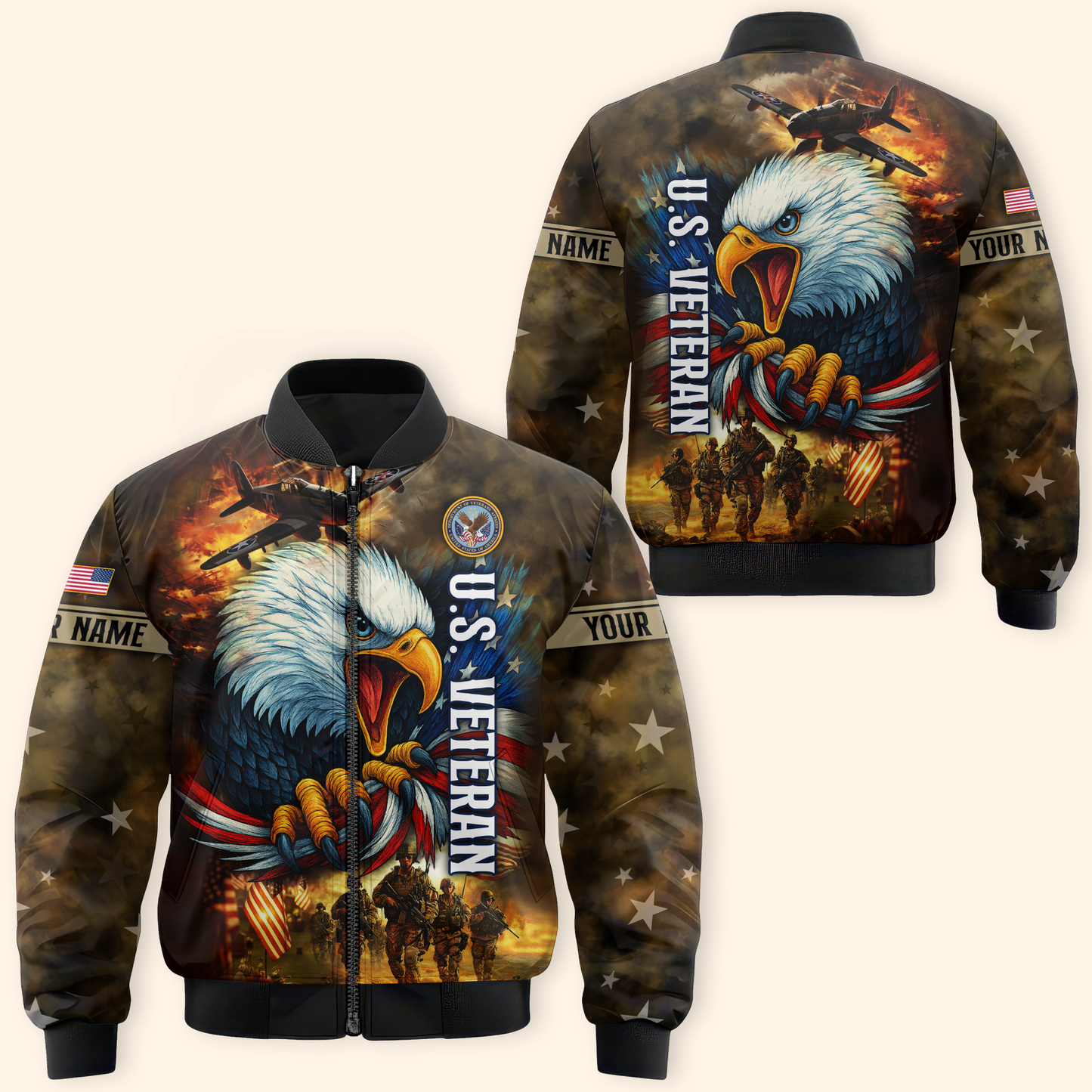 U.S. Veteran Hoodie – American Eagle and Soldiers Design, Patriotic Military Zip Up
