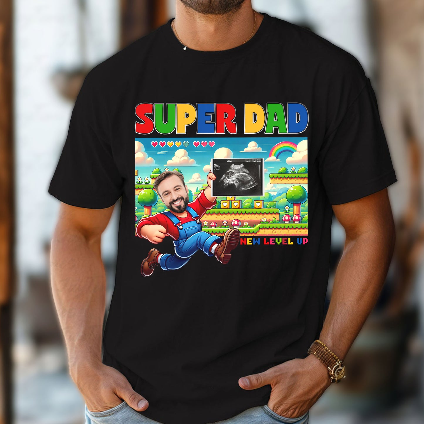 Customize family Photo - Super Dad New Level up T-shirt, easychoo.com